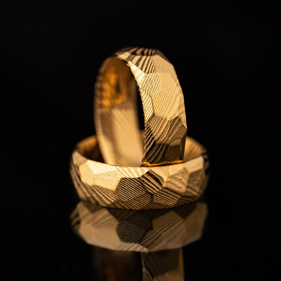 Golden Damascus - Hammered Gold Damascus Steel Ring, 8mm Width
