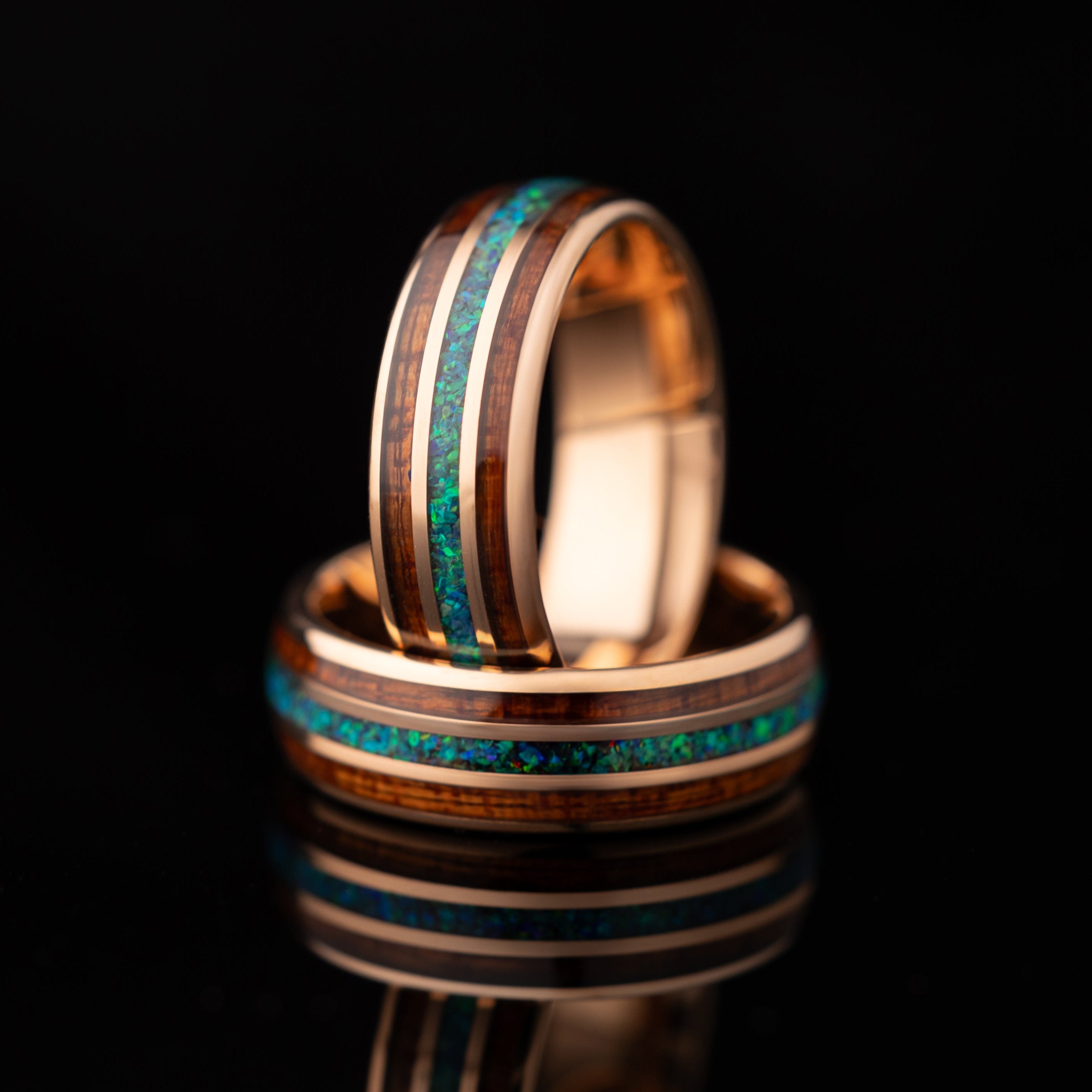 Earthen Wood - Hawaiian Koa Wood & Blue Opal Tungsten Ring, 8mm Width