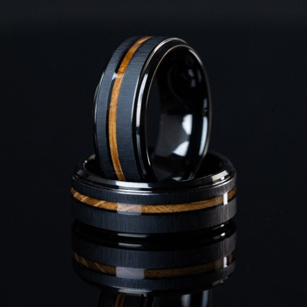 Whiskey Barrel Ring, Black Tungsten and Wood Inlay Ring, Mens Wedding Band, Wood Wedding Band, Unique Wedding Ring, 8mm