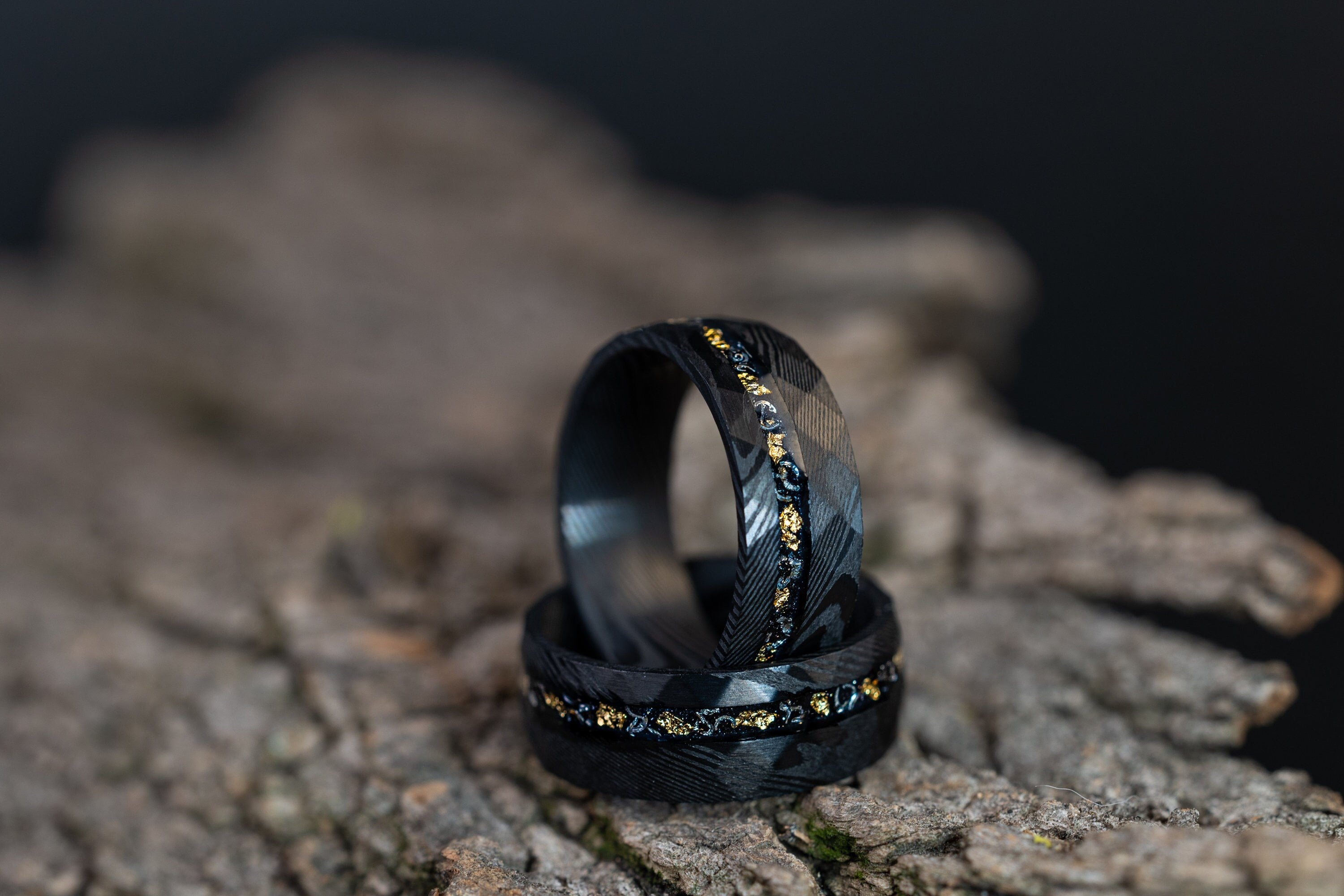 Couples Set Damascus Meteorite & Crushed Gold Leaf, Crushed Gold Leaf Ring, Meteorite Ring, Meteor Gold Leaf Band, Black Damascus Ring