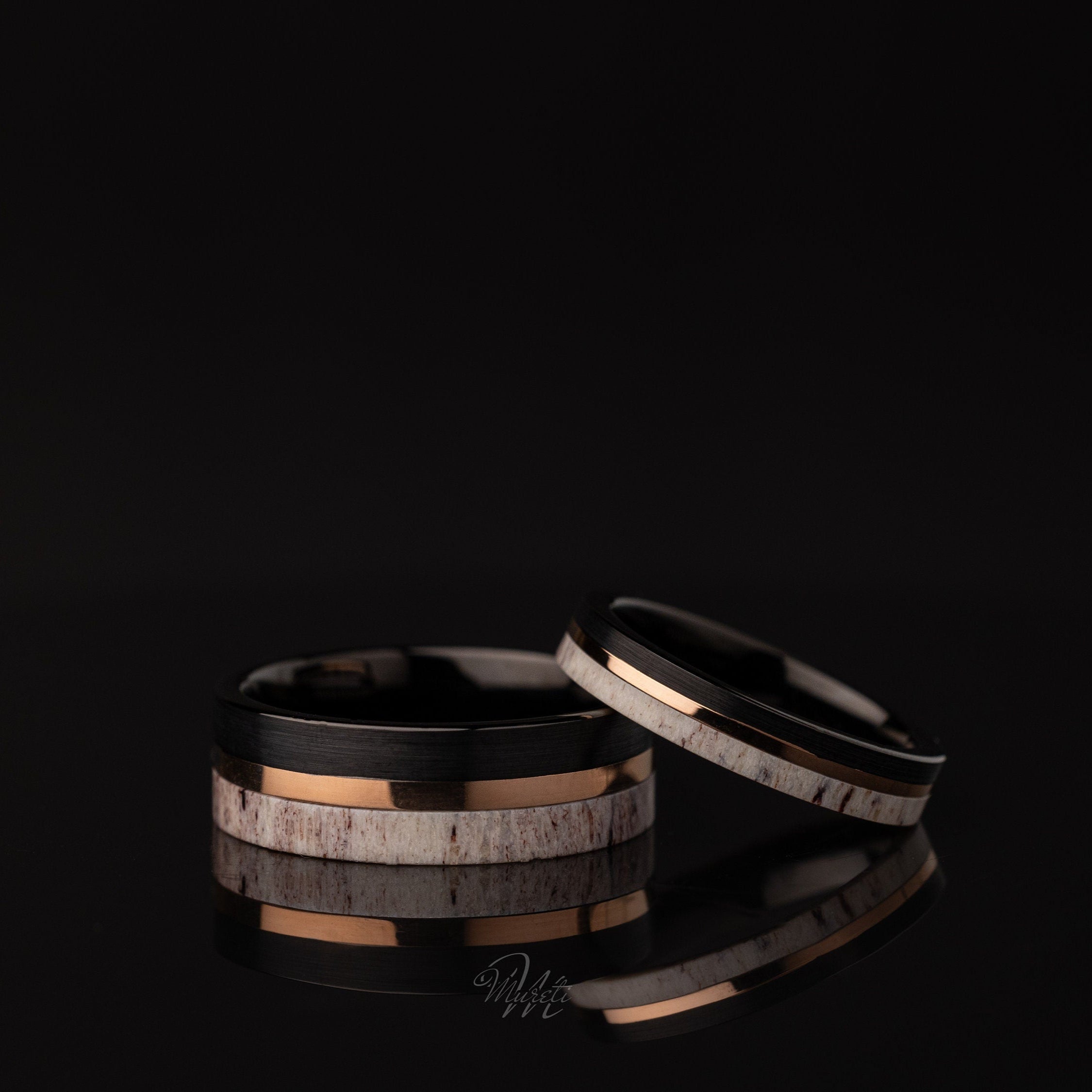 Deer Antler Couples Set, Deer Antler Ring Set, His and Hers Deer Antler Rings, Antler Black Tungsten Ring, Wedding Band, Matching Set Rings