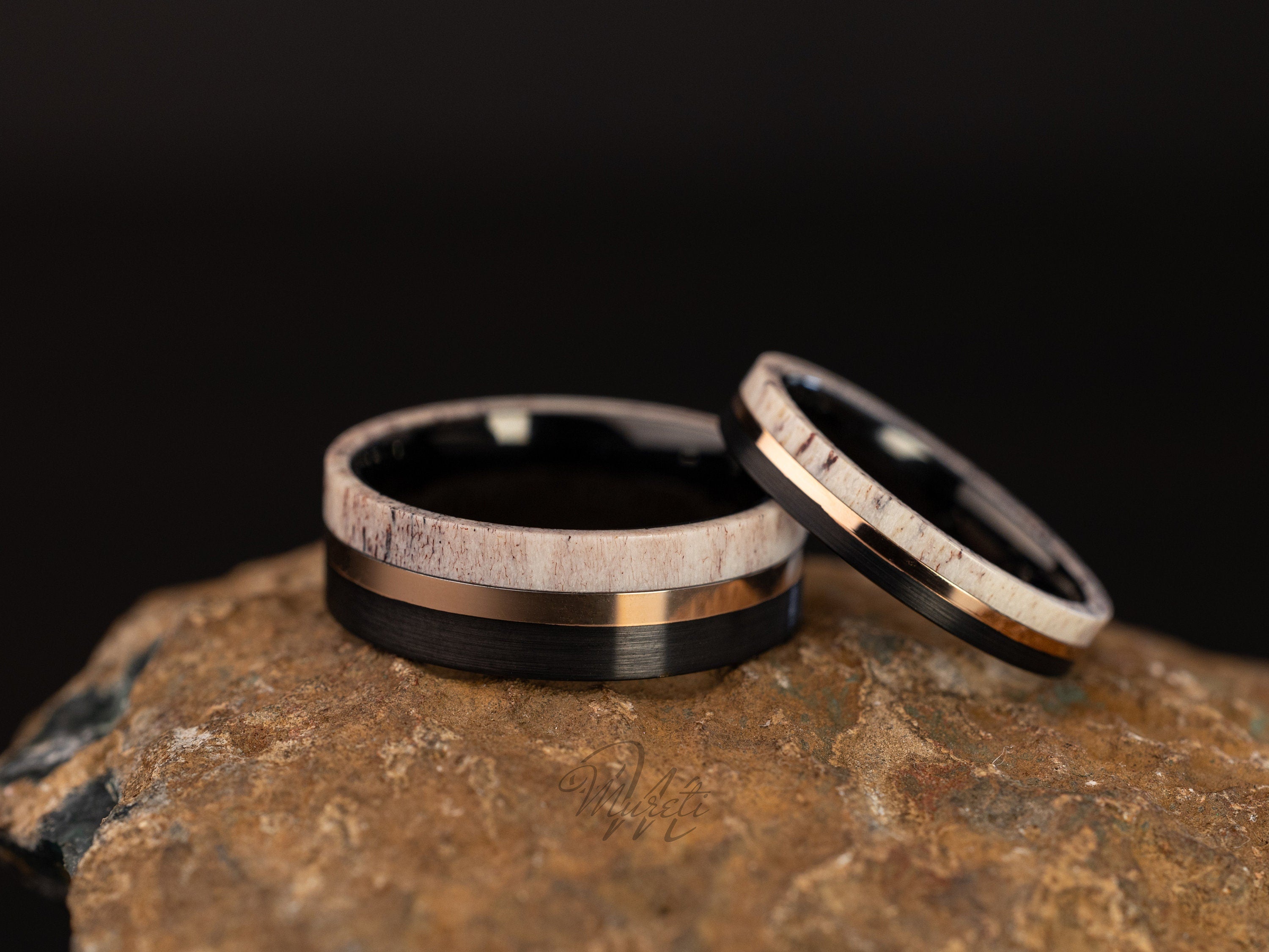 Deer Antler Couples Set, Deer Antler Ring Set, His and Hers Deer Antler Rings, Antler Black Tungsten Ring, Wedding Band, Matching Set Rings