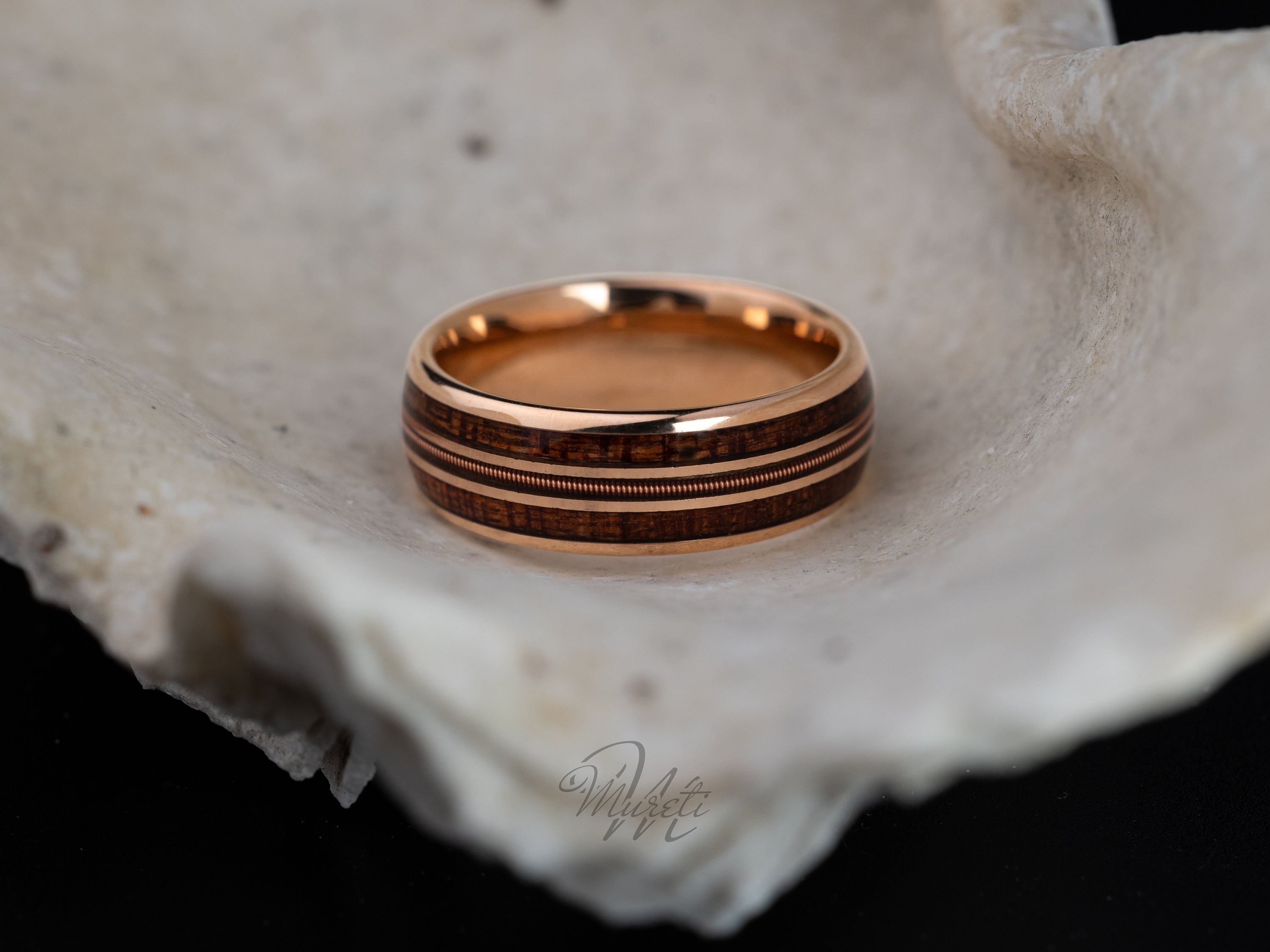 Guitar String & Whiskey Barrel Ring, Guitar String Ring, Wooden Inlay Band, Whiskey Barrel Ring, Rose Gold Band, Ring For Him, 8mm Ring