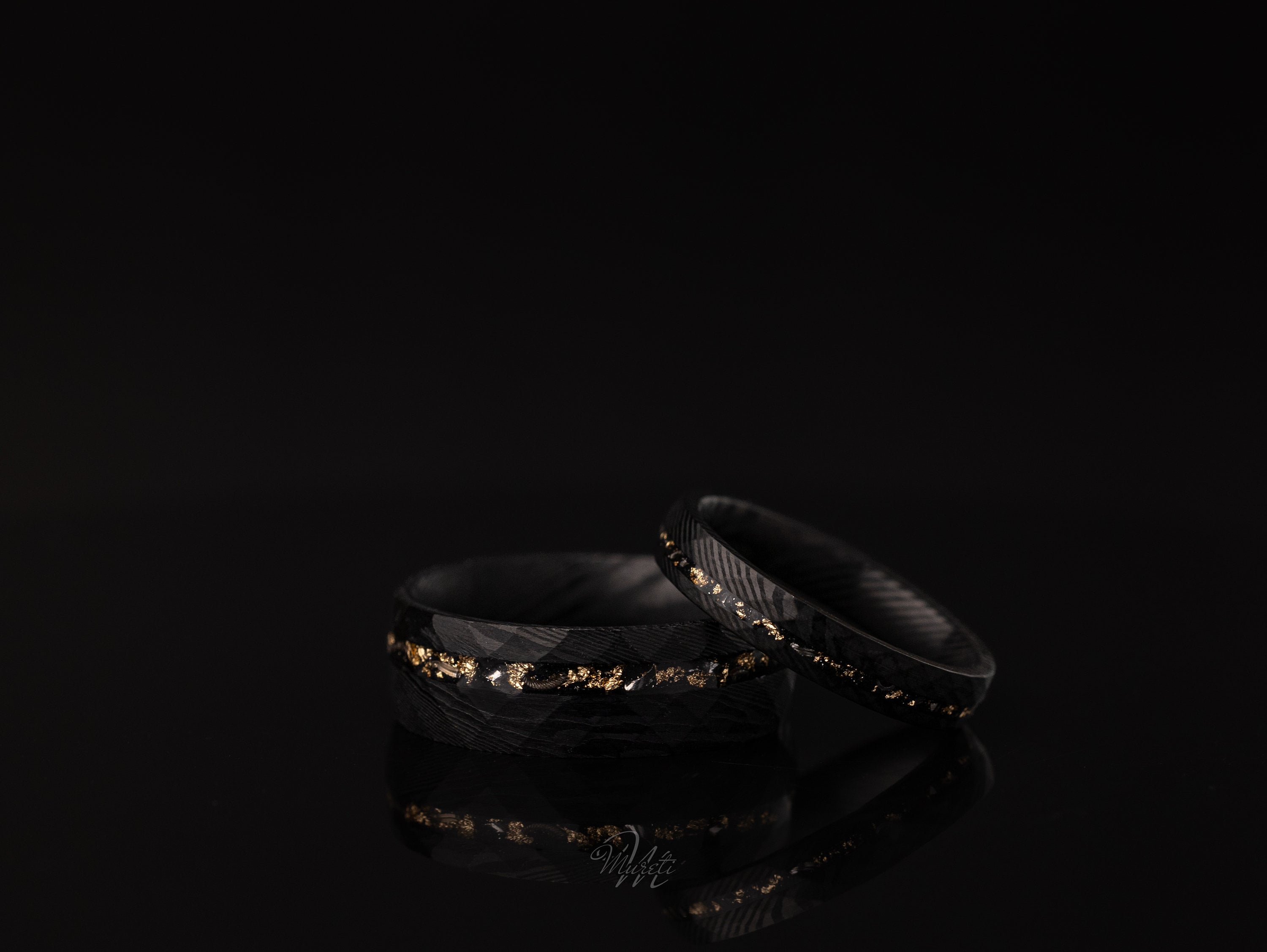 Couples Set Damascus Meteorite & Crushed Gold Leaf, Crushed Gold Leaf Ring, Meteorite Ring, Meteor Gold Leaf Band, Black Damascus Ring