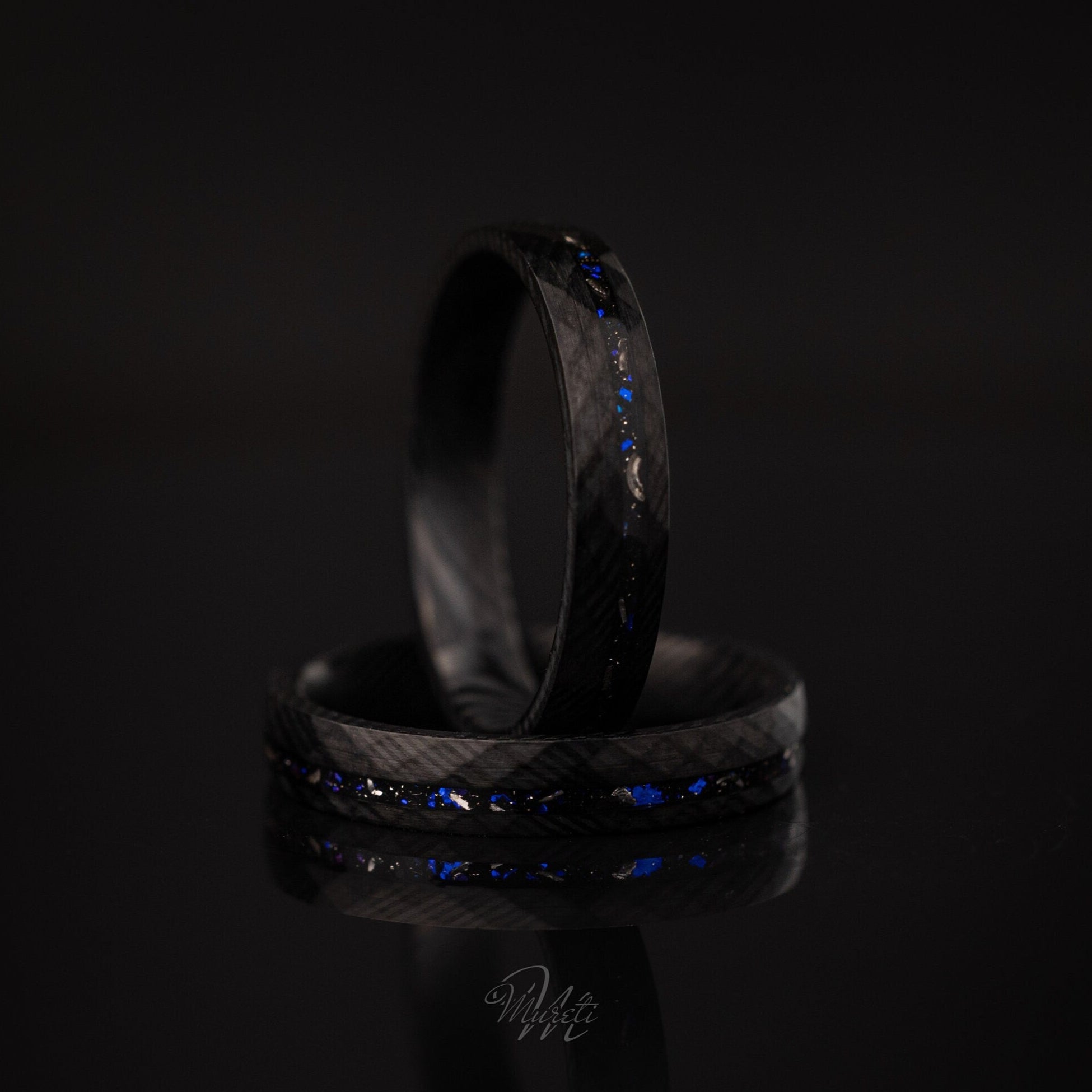 Damascus Nebula Ring, Damascus Meteorite Ring, Space Galaxy Ring, Black Damascus Galaxy Band, Womens Wedding Band, Blue Galaxy Inlay, 4mm