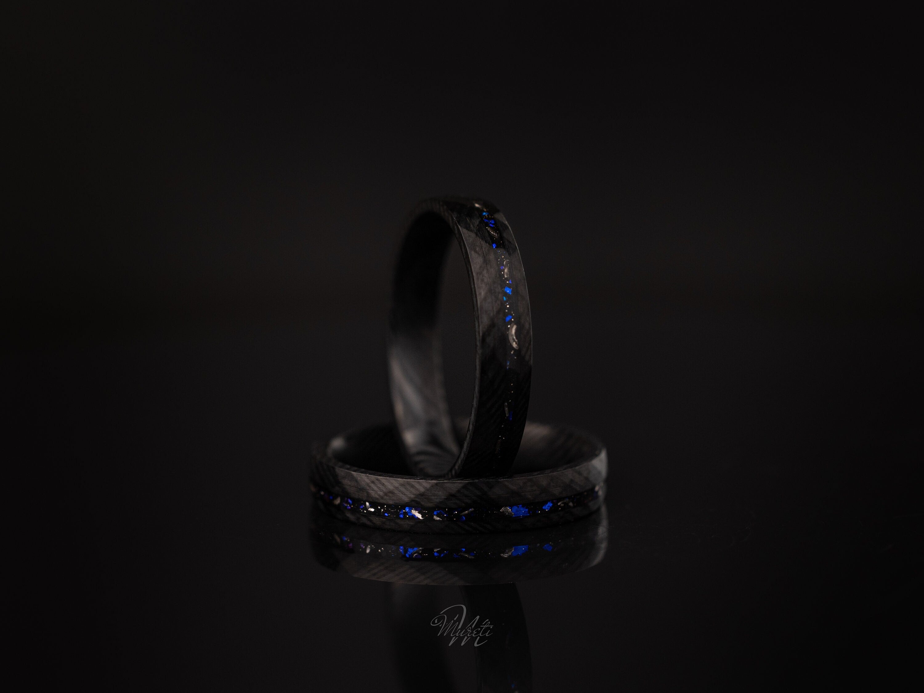 Damascus Nebula Ring, Damascus Meteorite Ring, Space Galaxy Ring, Black Damascus Galaxy Band, Womens Wedding Band, Blue Galaxy Inlay, 4mm