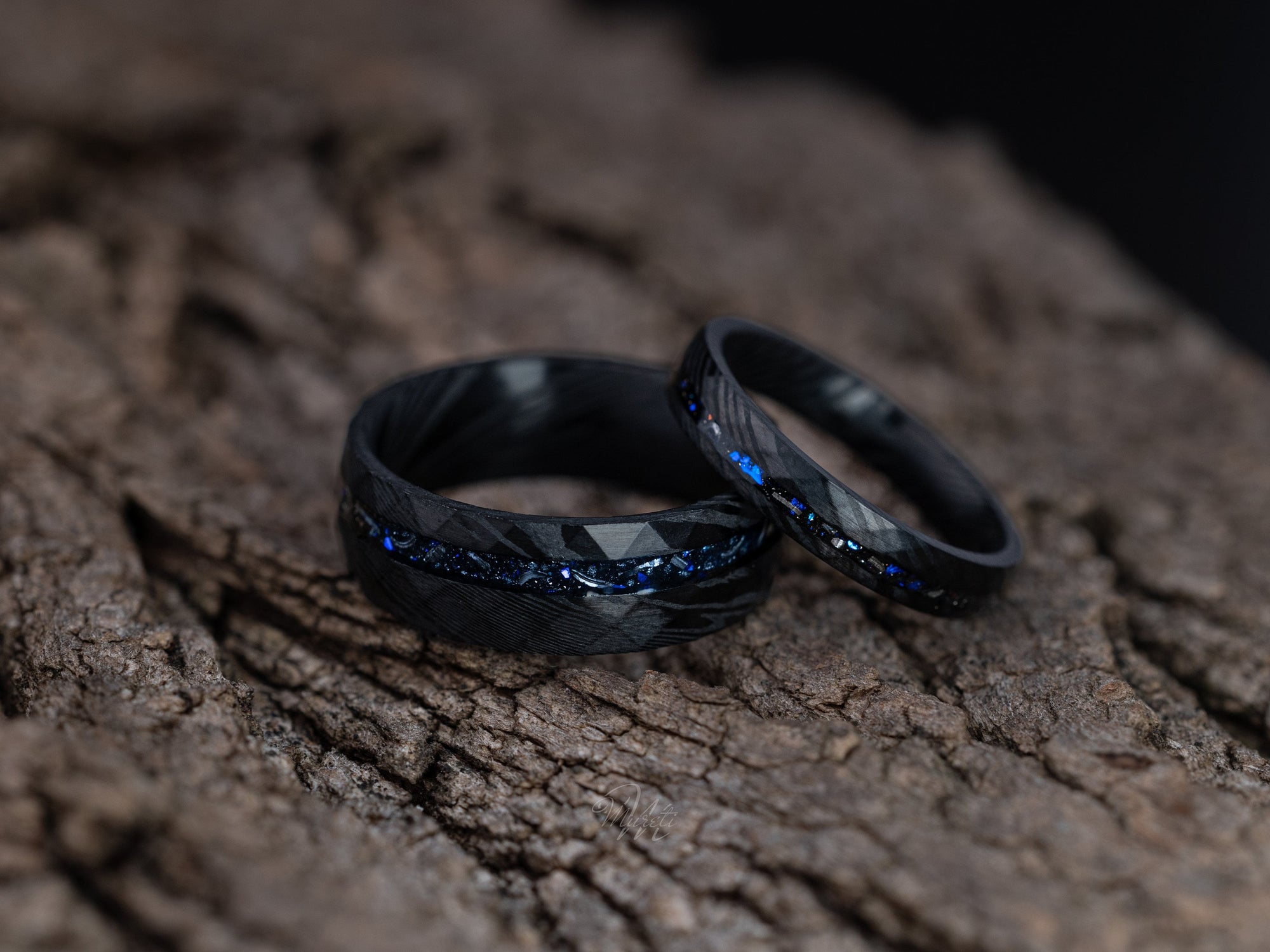 Damascus Meteorite Couples Set Ring, Damascus Nebula Ring, His and Hers Space Galaxy Ring, Blue Galaxy Inlay Band, Wedding Band for Couples