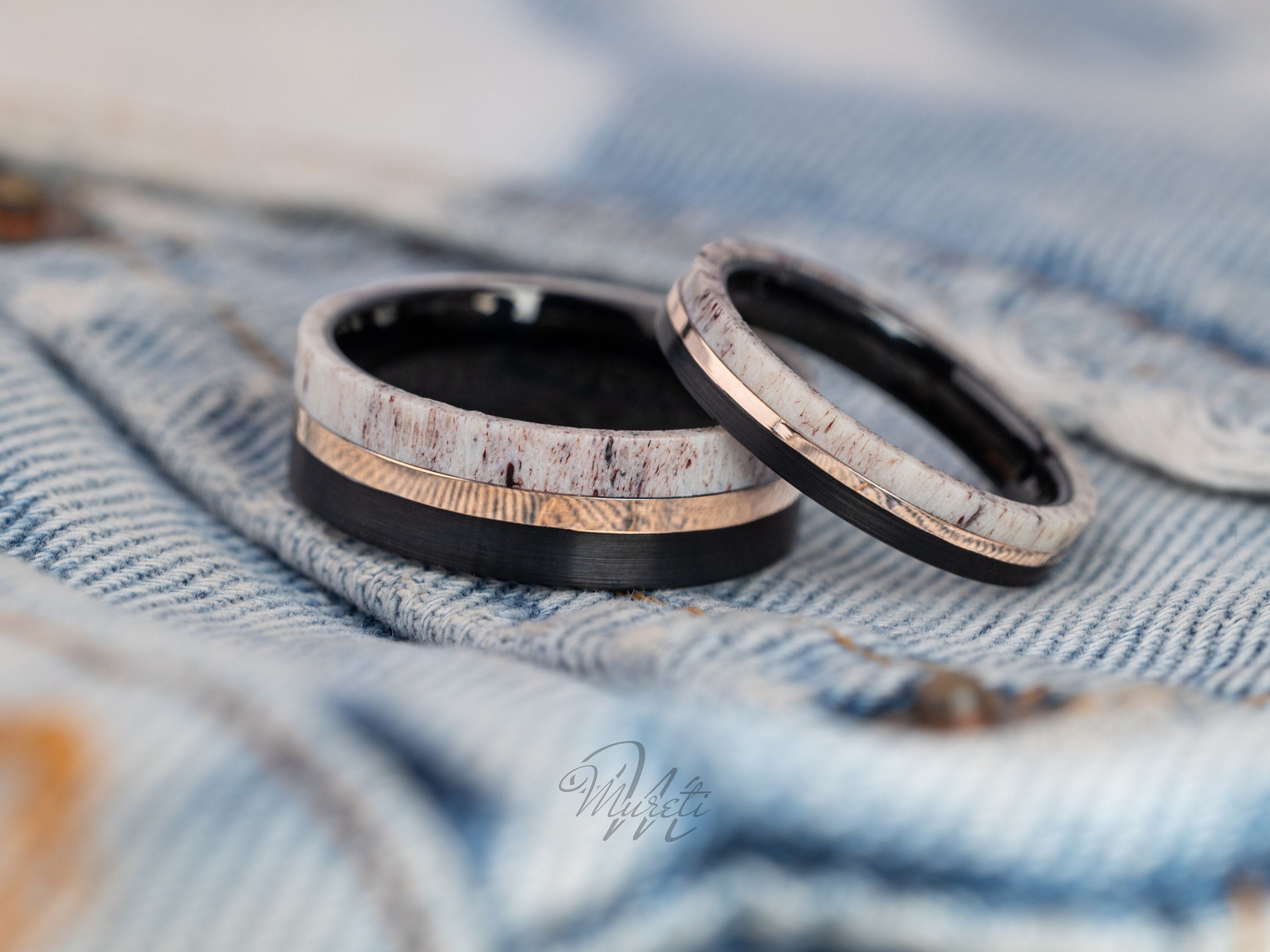 Deer Antler Couples Set, Deer Antler Ring Set, His and Hers Deer Antler Rings, Antler Black Tungsten Ring, Wedding Band, Matching Set Rings