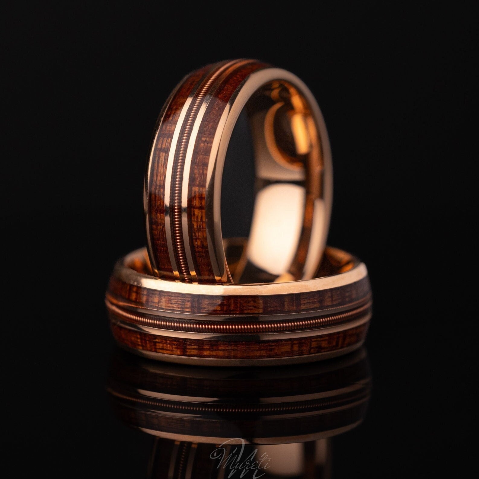 Guitar String & Whiskey Barrel Ring, Guitar String Ring, Wooden Inlay Band, Whiskey Barrel Ring, Rose Gold Band, Ring For Him, 8mm Ring