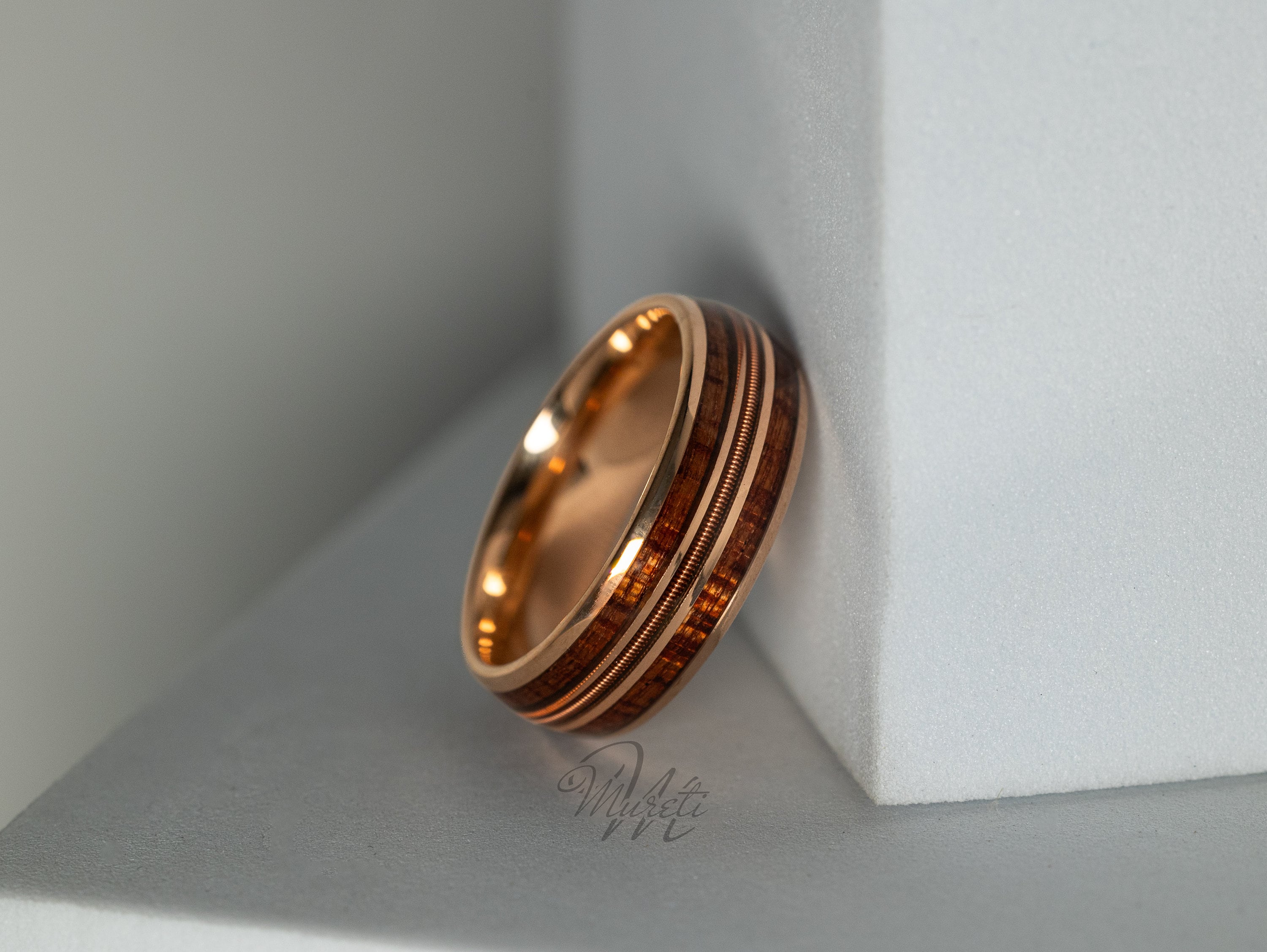 Guitar String & Whiskey Barrel Ring, Guitar String Ring, Wooden Inlay Band, Whiskey Barrel Ring, Rose Gold Band, Ring For Him, 8mm Ring