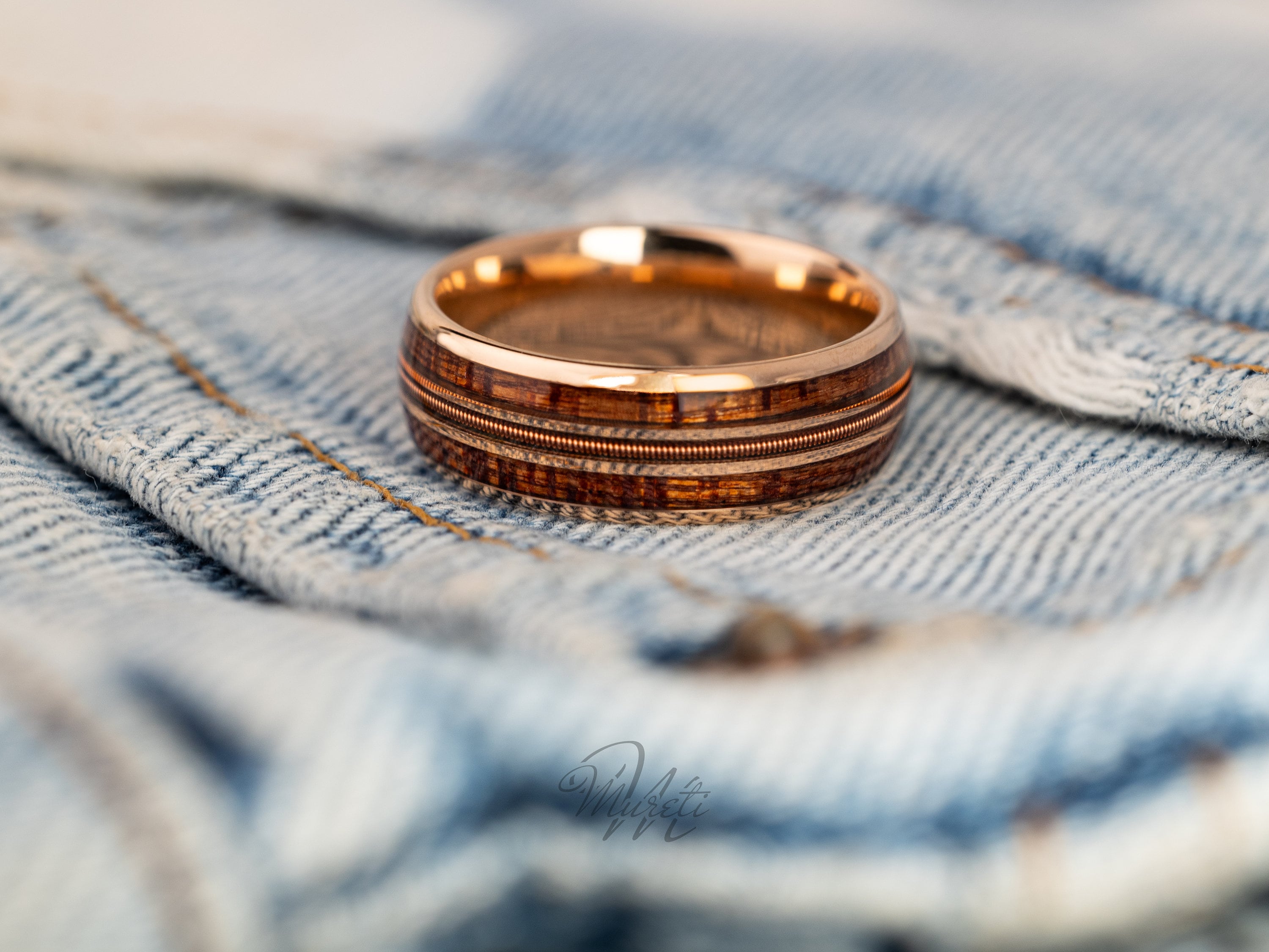 Guitar String & Whiskey Barrel Ring, Guitar String Ring, Wooden Inlay Band, Whiskey Barrel Ring, Rose Gold Band, Ring For Him, 8mm Ring