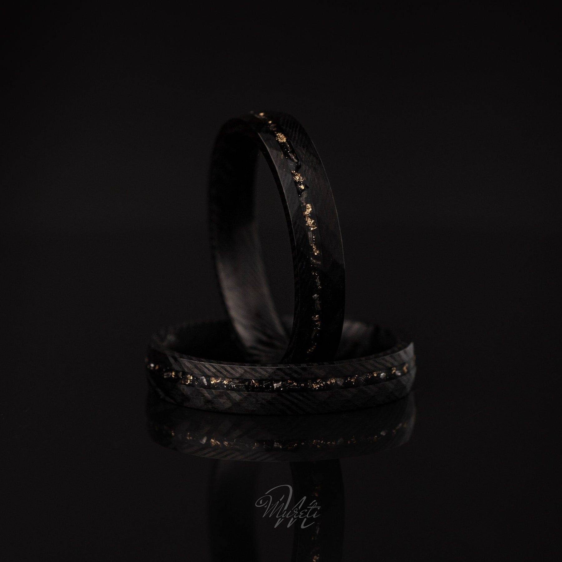 Damascus Meteorite & Crushed Gold Leaf, Crushed Gold Leaf Ring, Damascus Meteorite Ring, Meteor Gold Leaf Ring, Woman Wedding Band, 4mm Ring