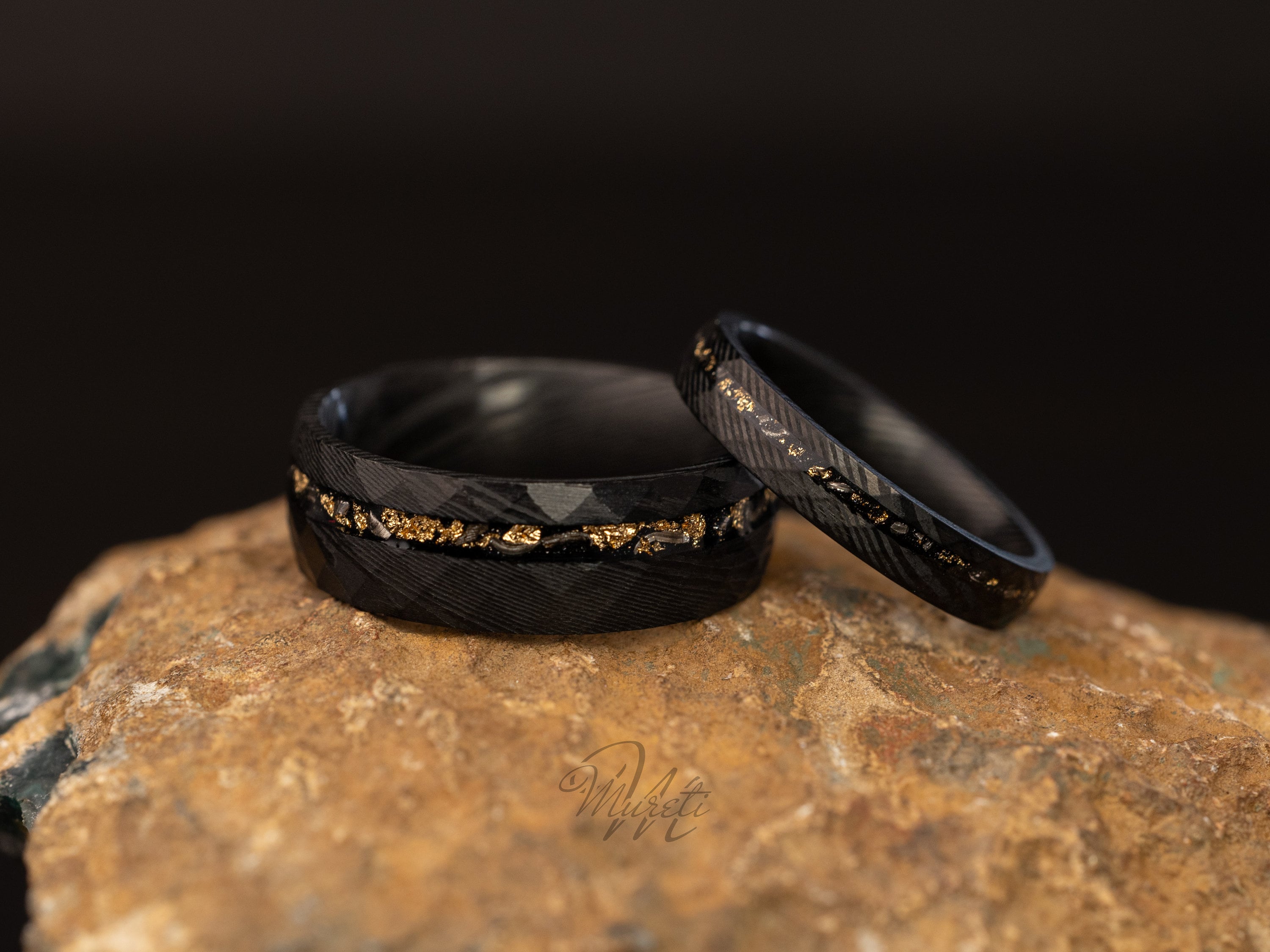 Couples Set Damascus Meteorite & Crushed Gold Leaf, Crushed Gold Leaf Ring, Meteorite Ring, Meteor Gold Leaf Band, Black Damascus Ring