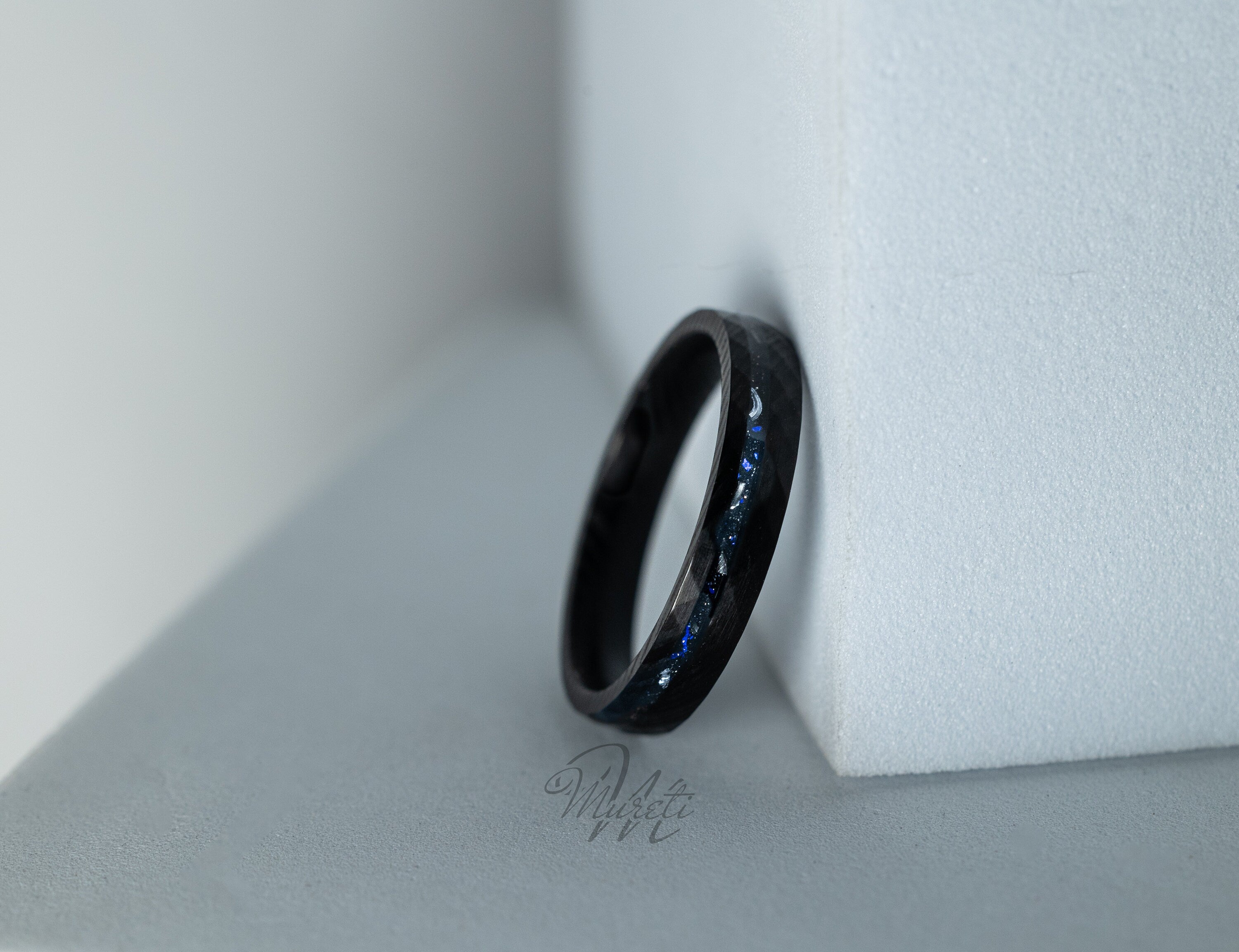 Damascus Nebula Ring, Damascus Meteorite Ring, Space Galaxy Ring, Black Damascus Galaxy Band, Womens Wedding Band, Blue Galaxy Inlay, 4mm