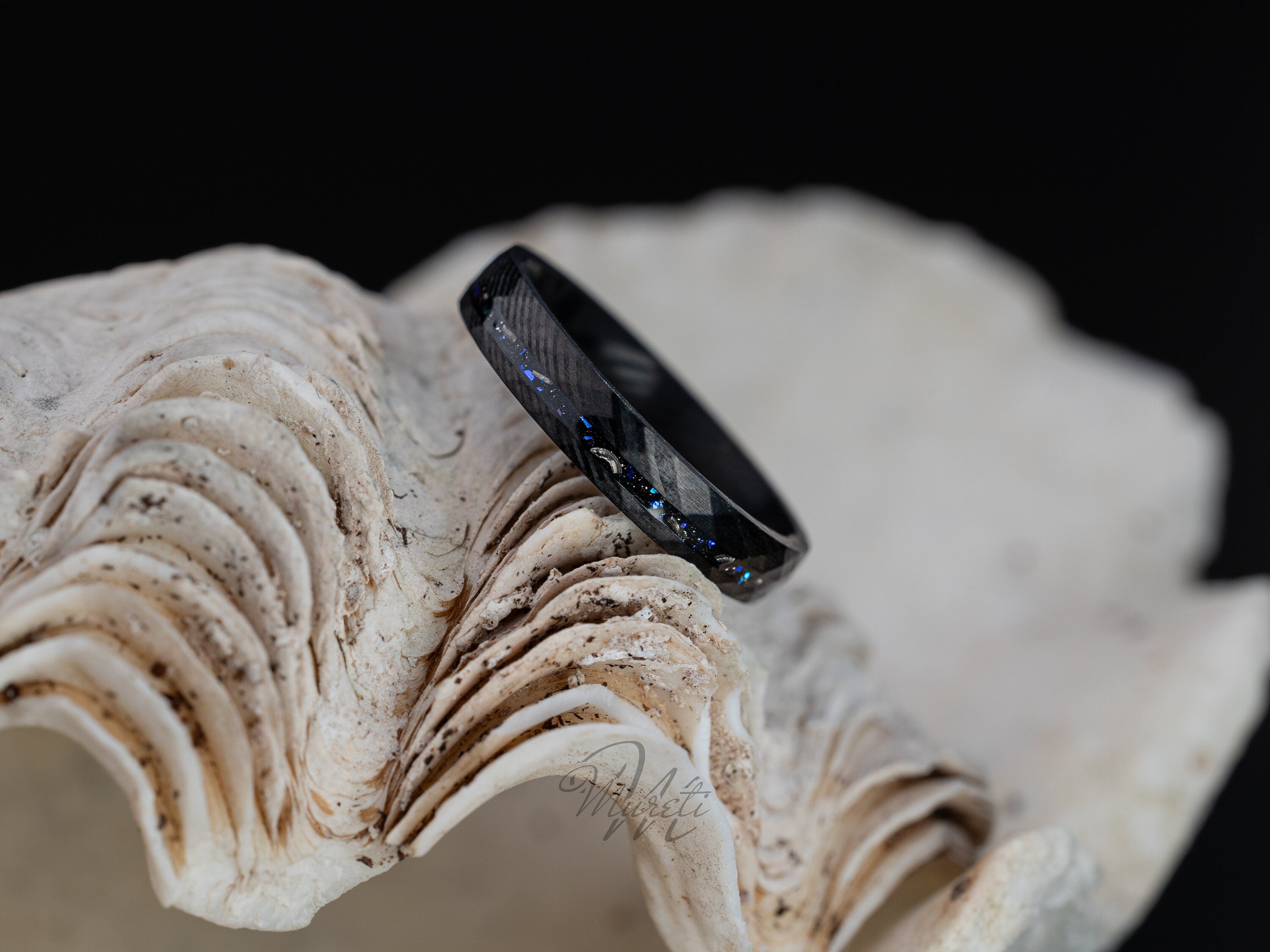 Damascus Nebula Ring, Damascus Meteorite Ring, Space Galaxy Ring, Black Damascus Galaxy Band, Womens Wedding Band, Blue Galaxy Inlay, 4mm