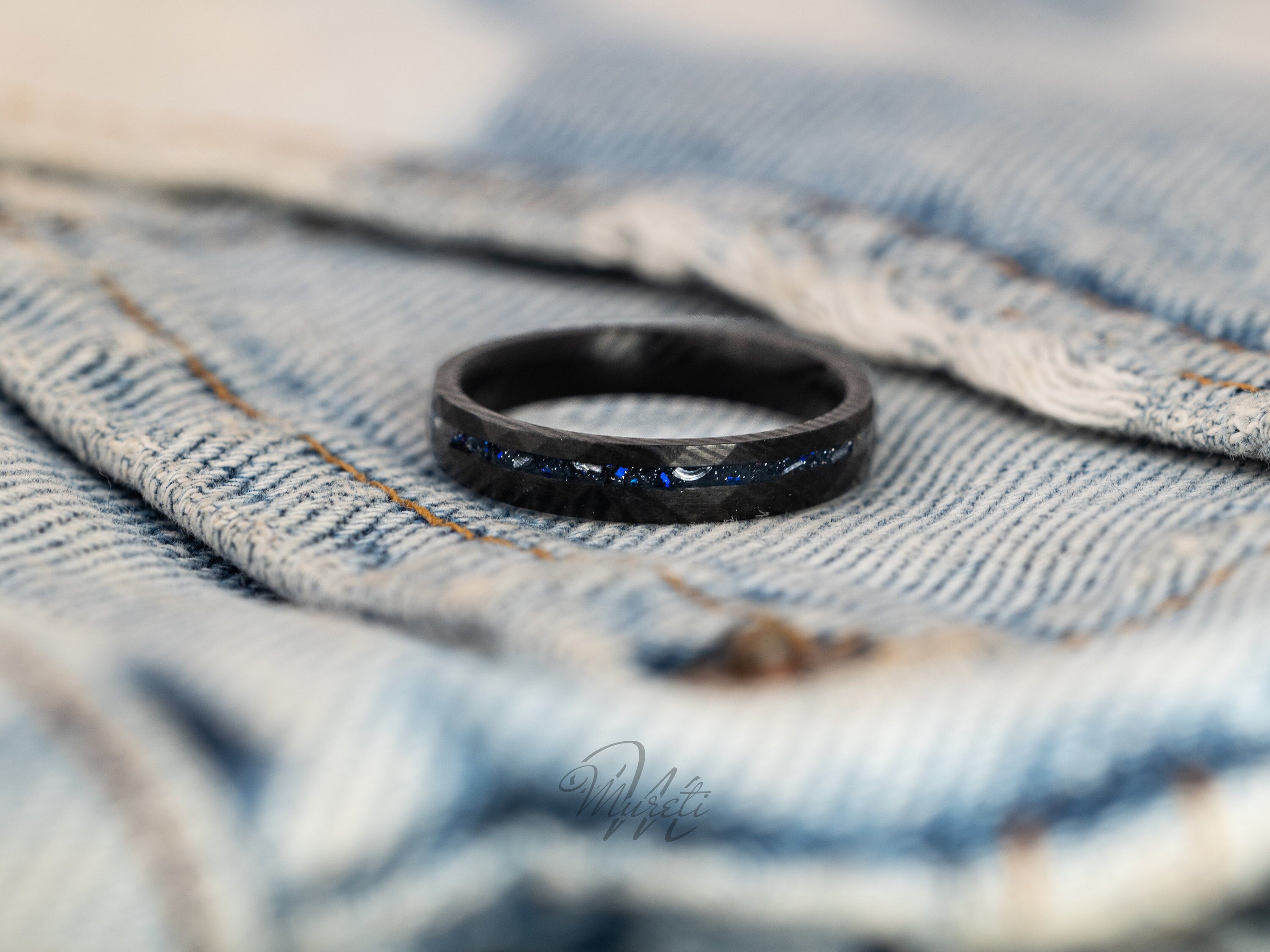 Damascus Nebula Ring, Damascus Meteorite Ring, Space Galaxy Ring, Black Damascus Galaxy Band, Womens Wedding Band, Blue Galaxy Inlay, 4mm