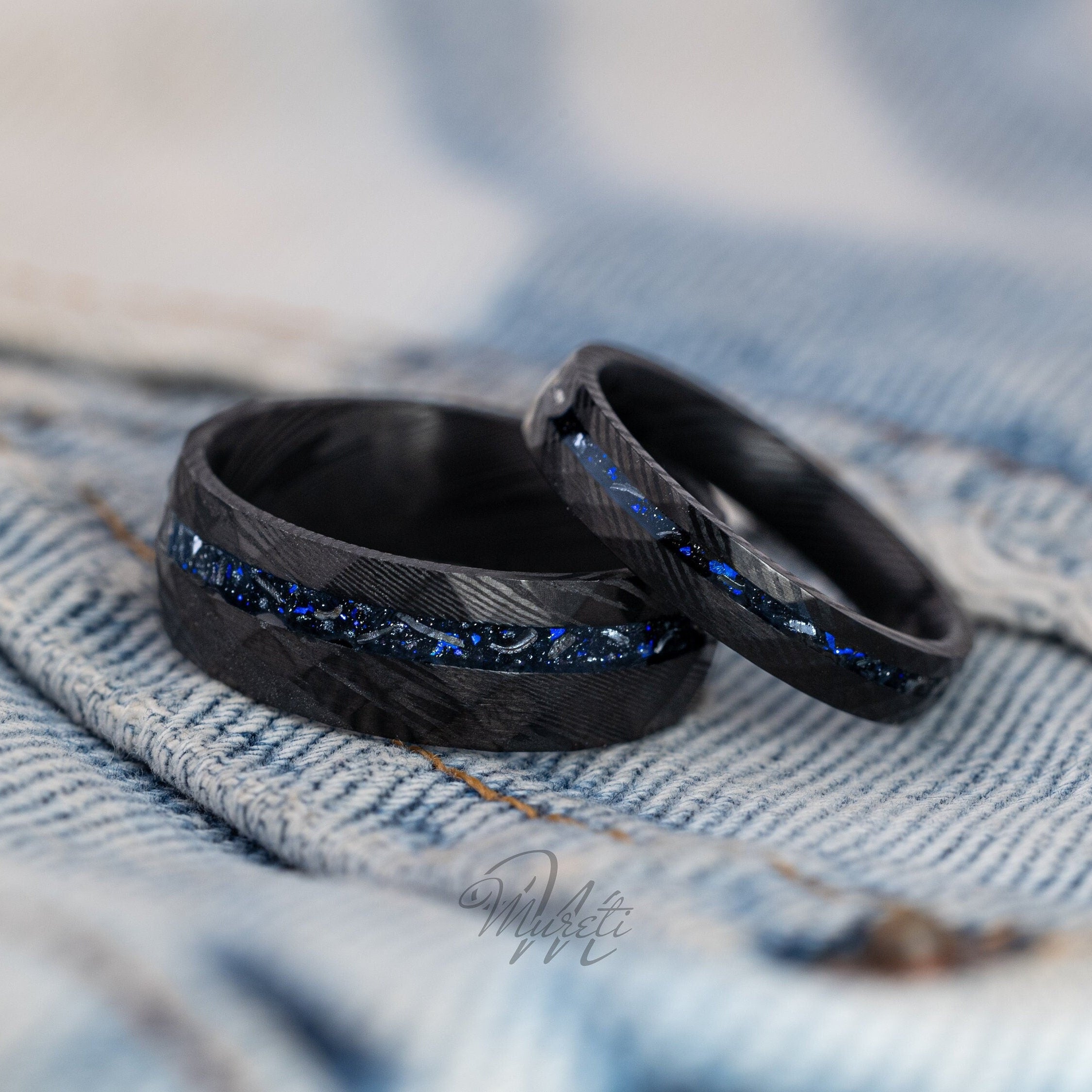 Damascus Meteorite Couples Set Ring, Damascus Nebula Ring, His and Hers Space Galaxy Ring, Blue Galaxy Inlay Band, Wedding Band for Couples