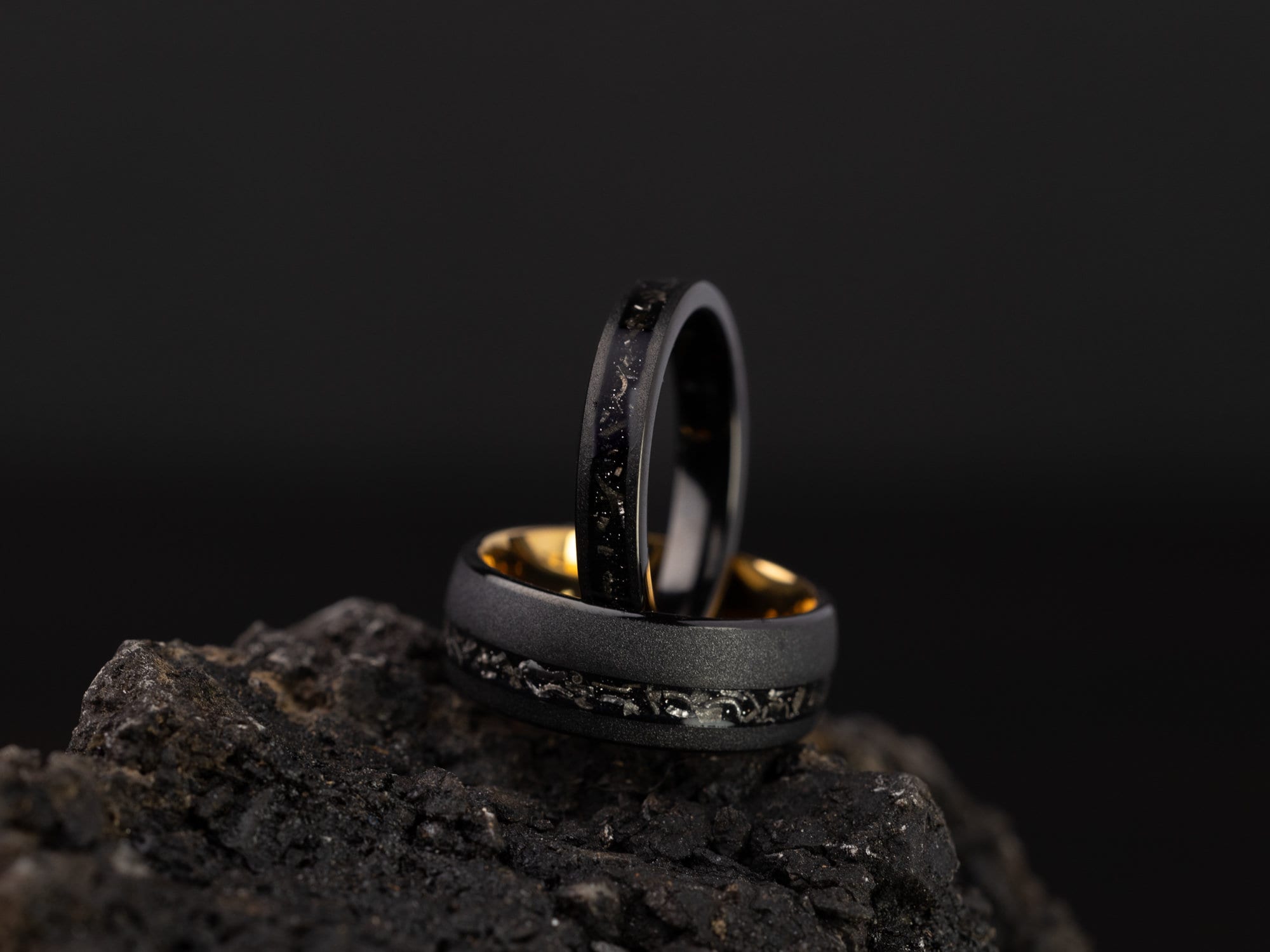 Meteorite Couples Set Rings, Meteor Ring Set, His and Hers Meteorite Rings, Meteor Black Tungsten Ring, Wedding Band, Matching Set Rings