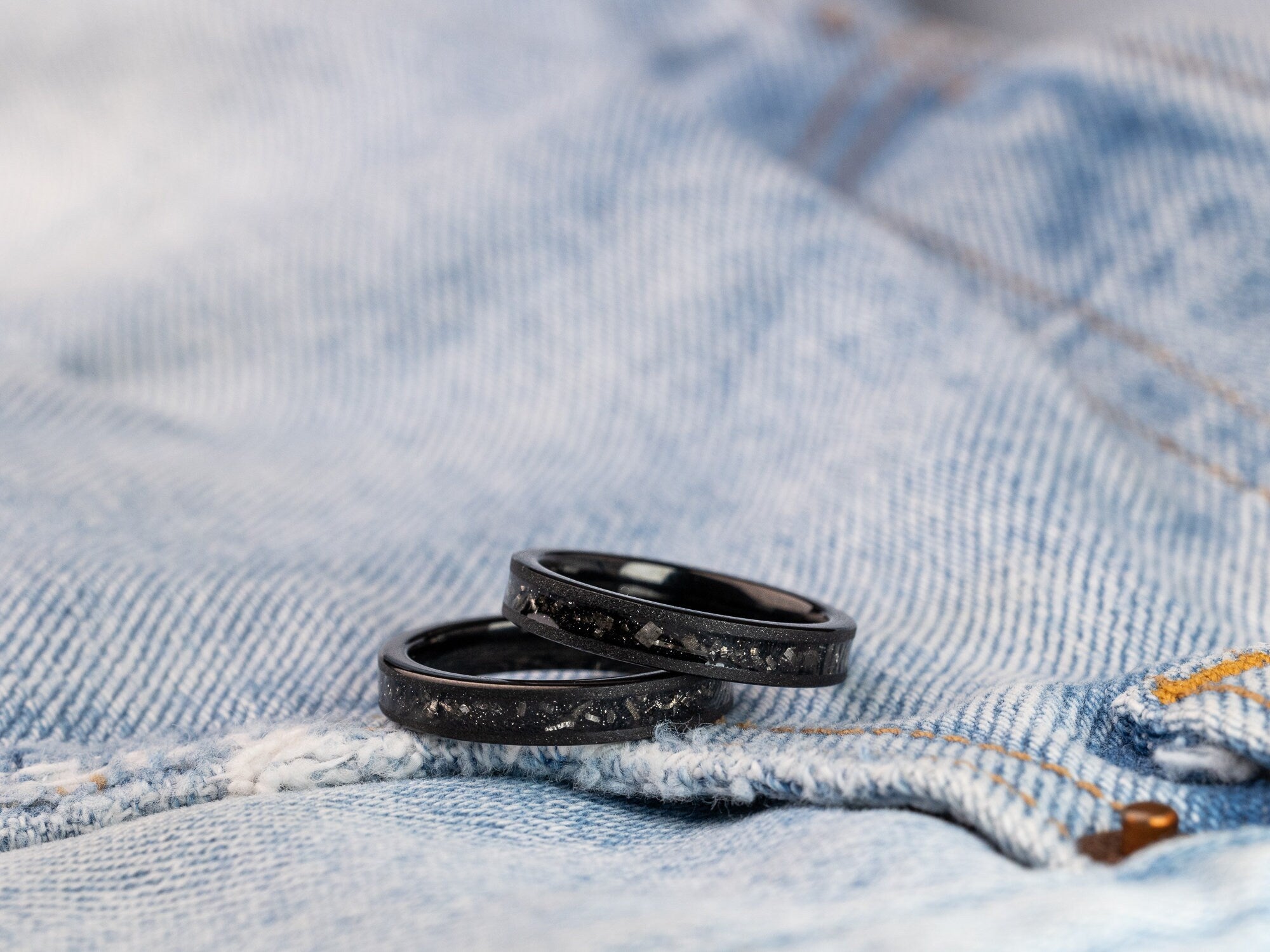 Meteorite Couples Set Rings, Meteor Ring Set, His and Hers Meteorite Rings, Meteor Black Tungsten Ring, Wedding Band, Matching Set Rings