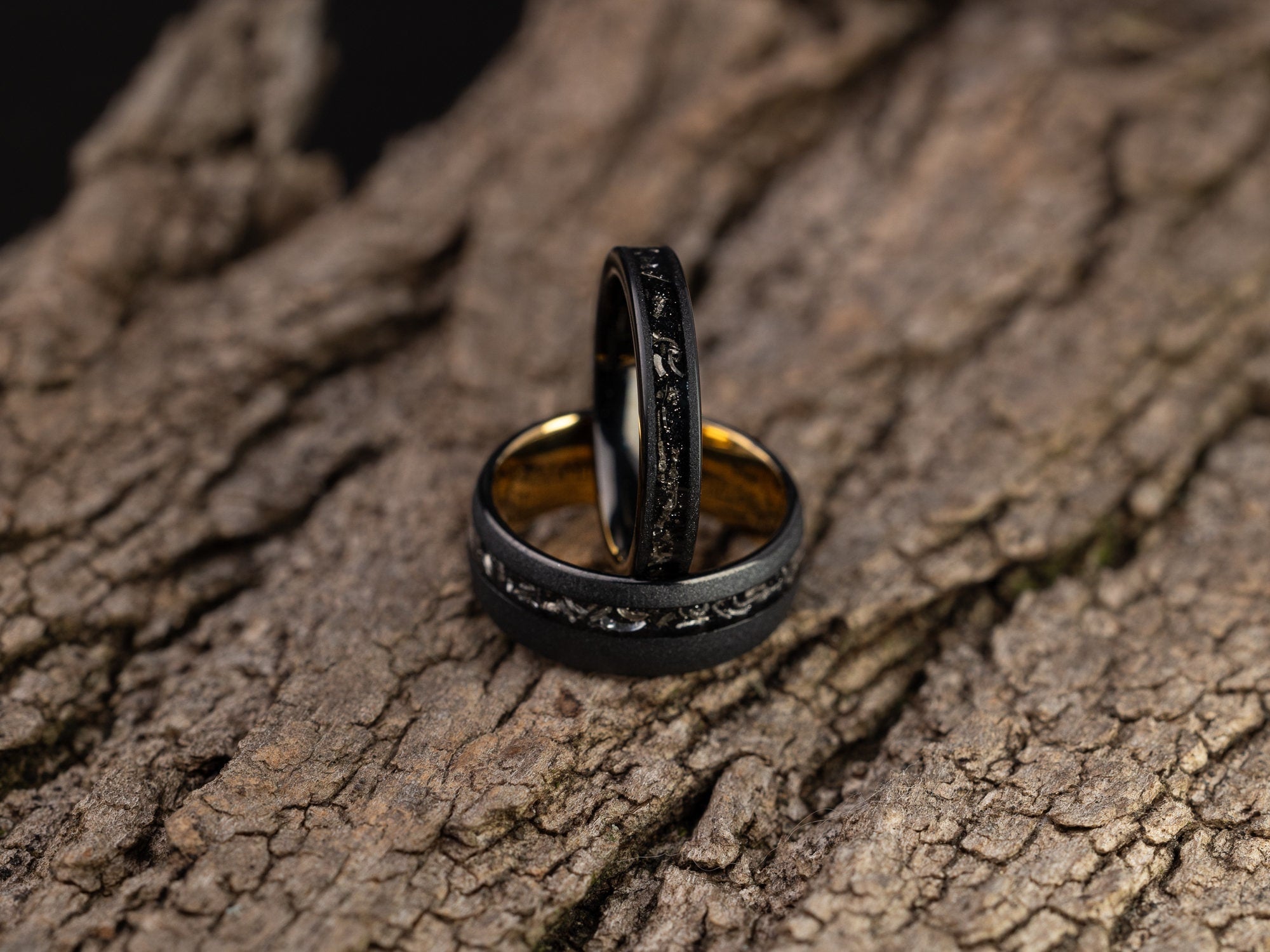 Meteorite Couples Set Rings, Meteor Ring Set, His and Hers Meteorite Rings, Meteor Black Tungsten Ring, Wedding Band, Matching Set Rings