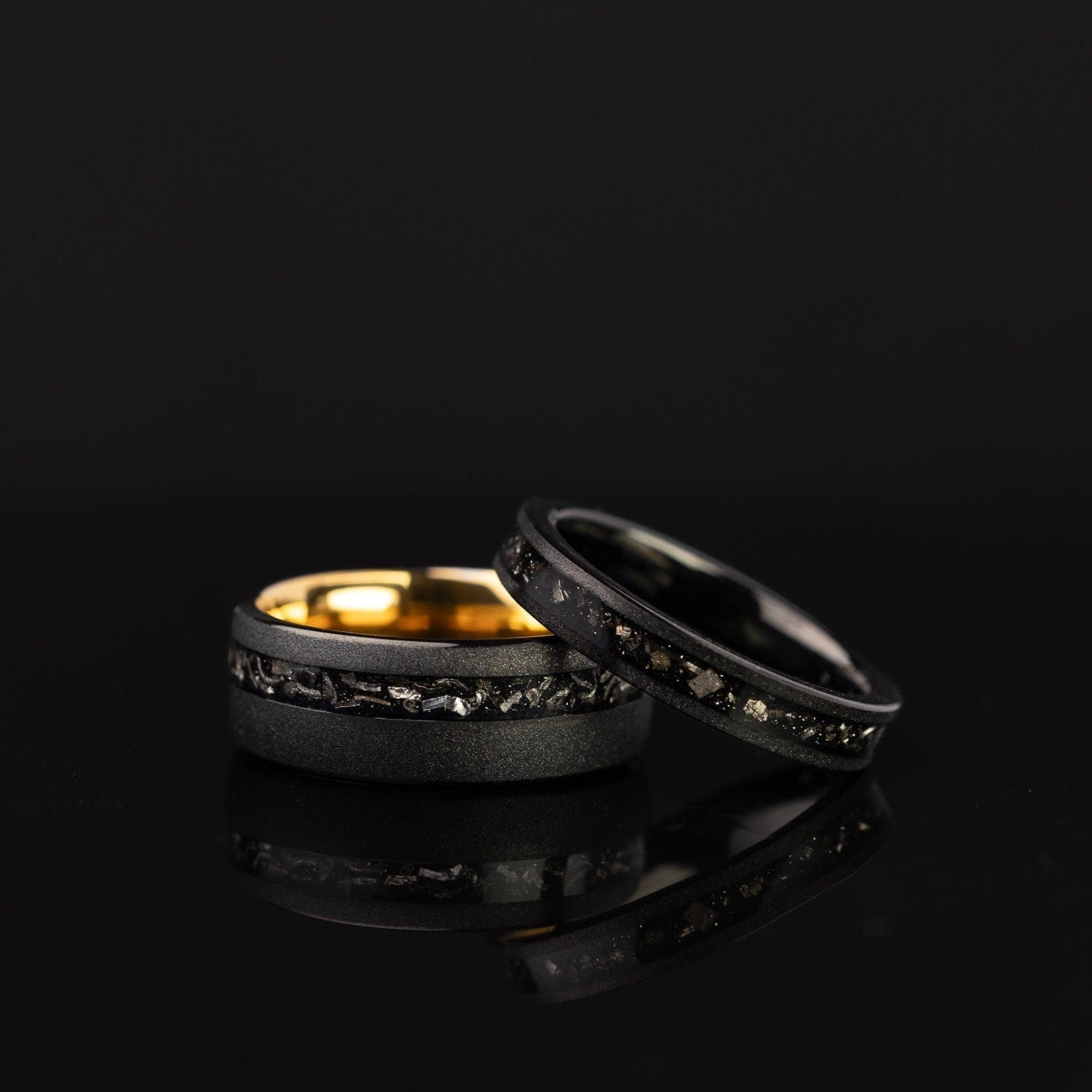 Meteorite Couples Set Rings, Meteor Ring Set, His and Hers Meteorite Rings, Meteor Black Tungsten Ring, Wedding Band, Matching Set Rings