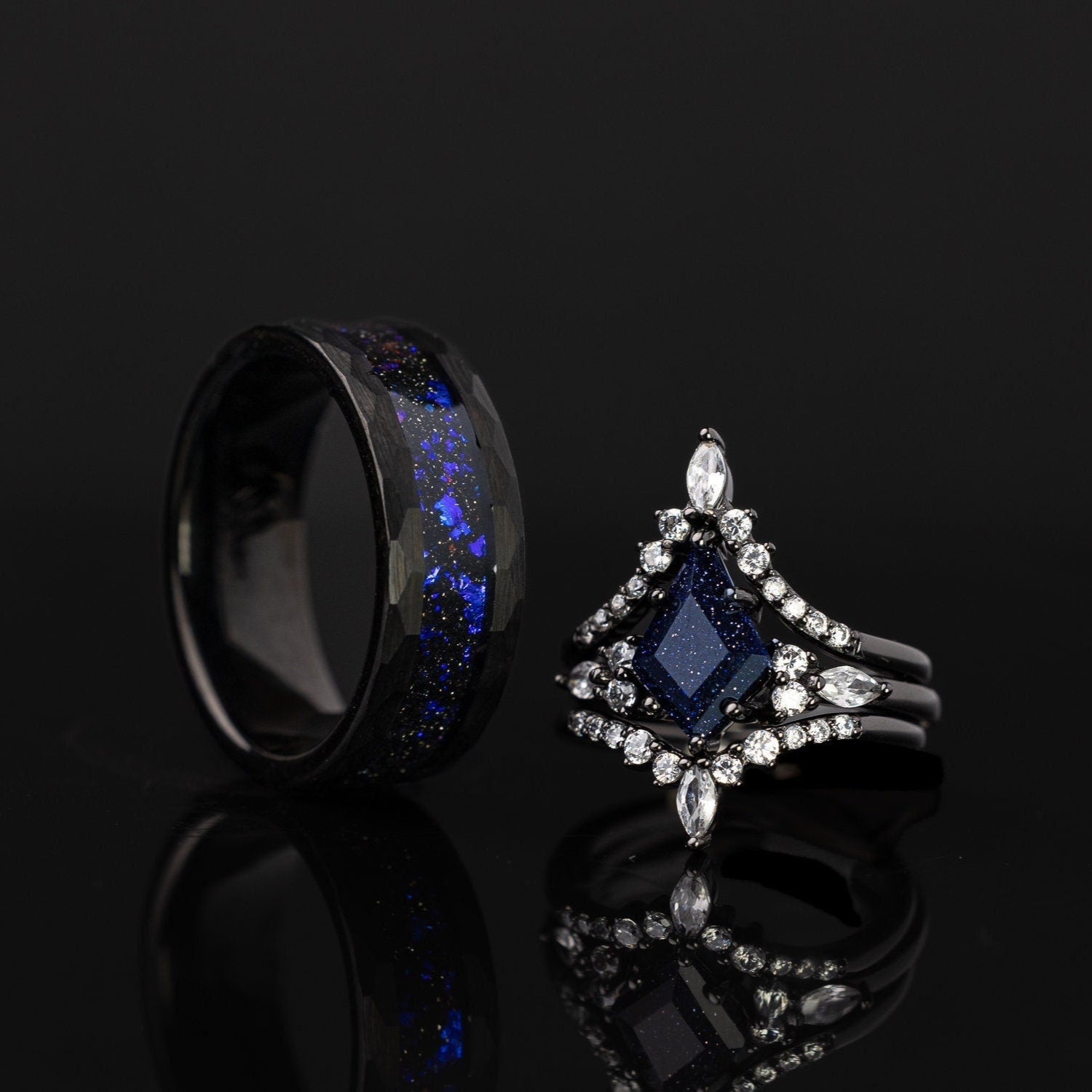 Blue Galaxy Sandstone Ring Set, Space Galaxy Ring Set, His and Hers Blue Galaxy Rings, Couples Set Wedding Bands, Matching Rings Set