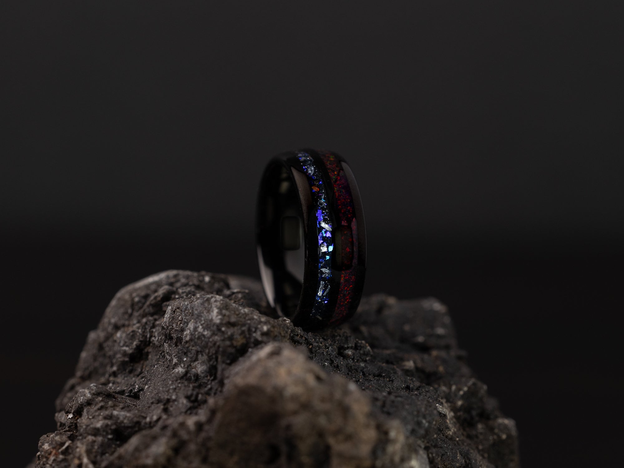 Nebula Meteorite & Crushed Black Fire Opal Ring, Red Opal Ring, Red Opal Band, Blue Galaxy Meteorite, Black Tungsten Band, 8mm Ring