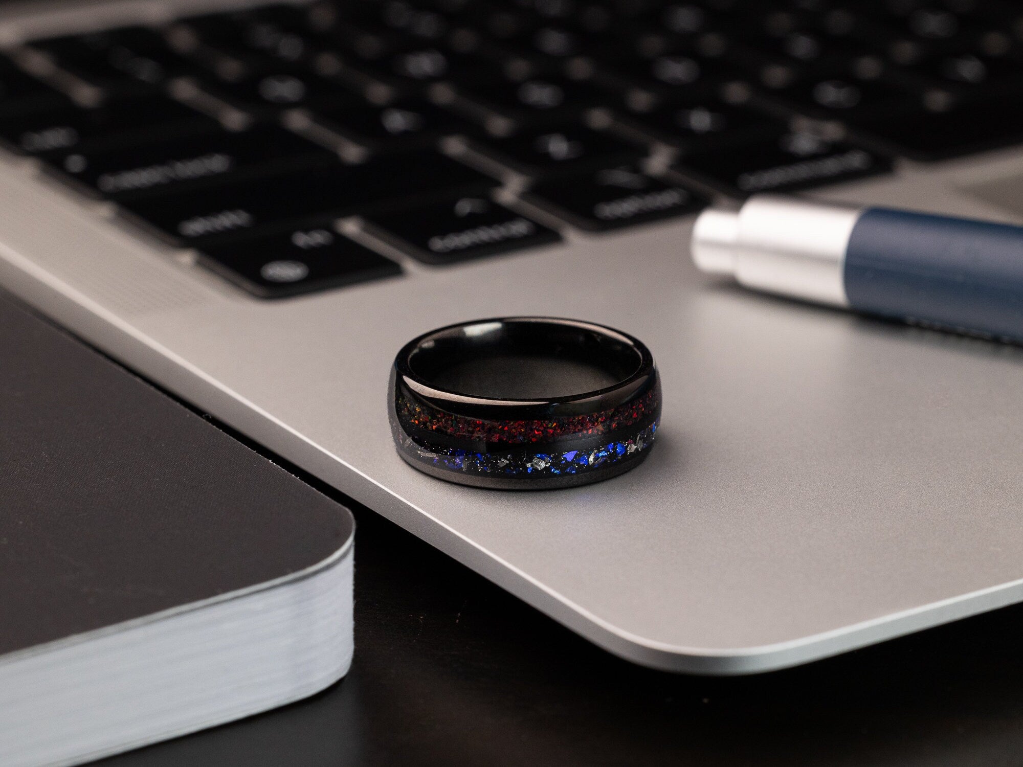 Nebula Meteorite & Crushed Black Fire Opal Ring, Red Opal Ring, Red Opal Band, Blue Galaxy Meteorite, Black Tungsten Band, 8mm Ring