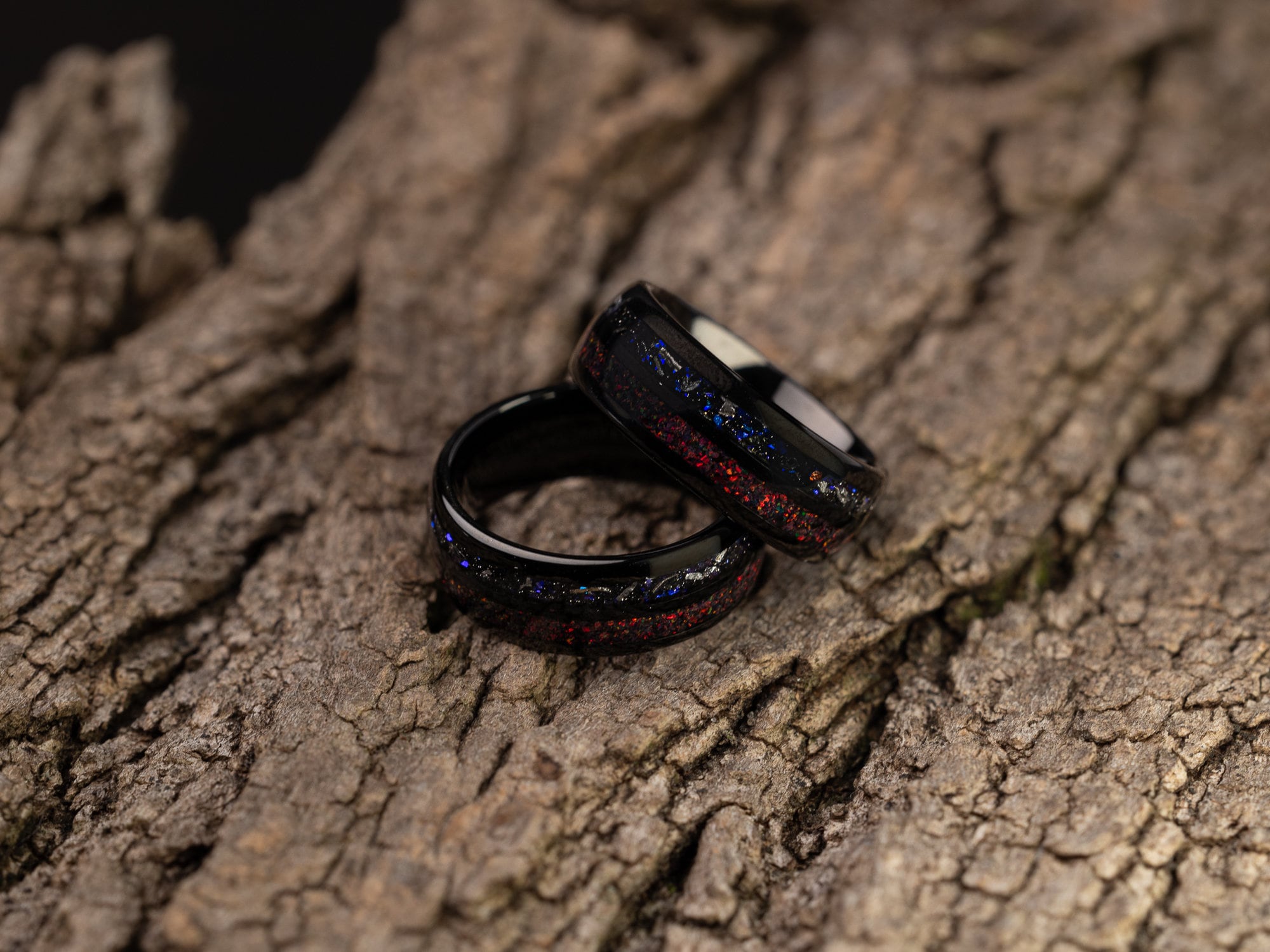 Nebula Meteorite & Crushed Black Fire Opal Ring, Red Opal Ring, Red Opal Band, Blue Galaxy Meteorite, Black Tungsten Band, 8mm Ring