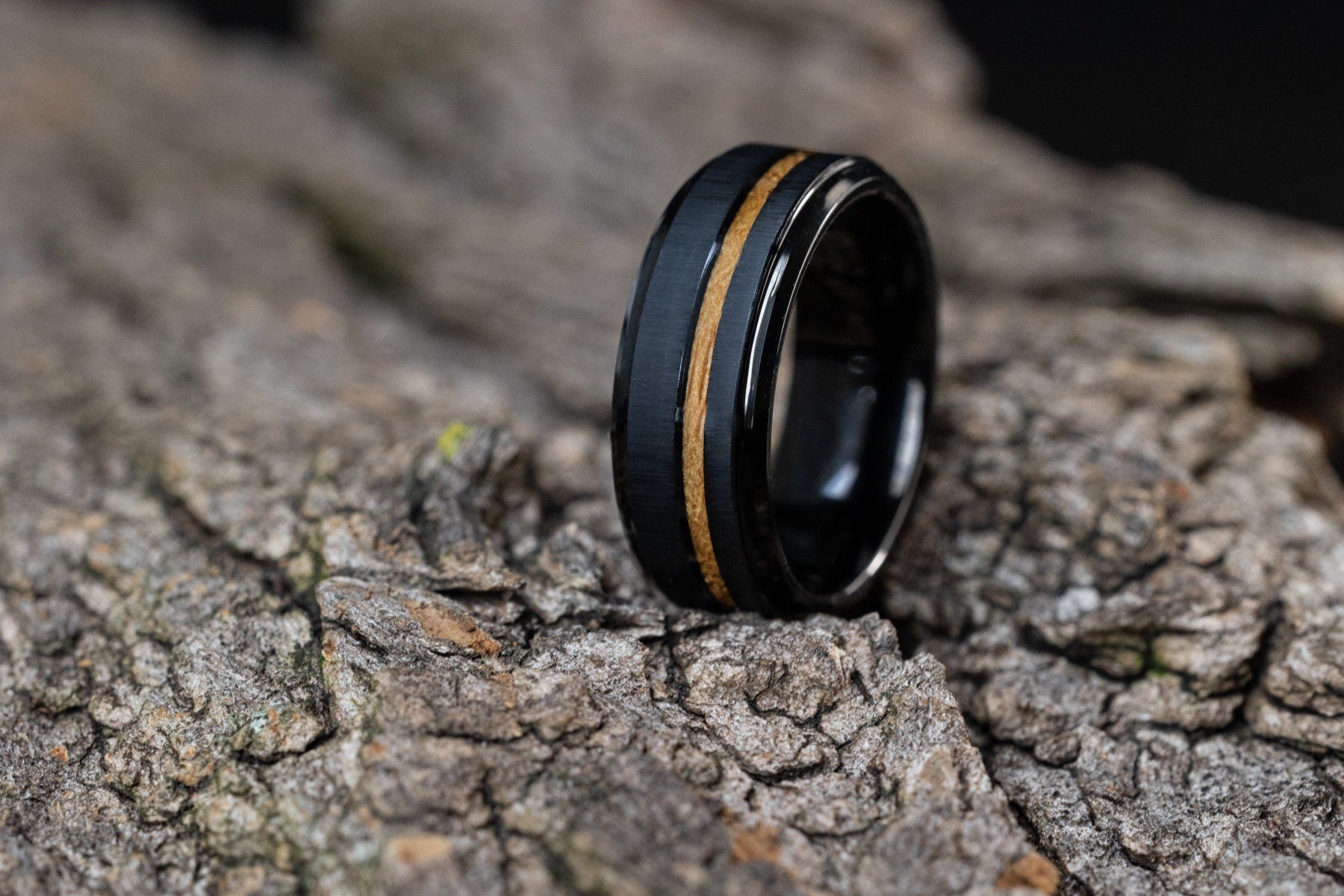 Whiskey Barrel Ring, Black Tungsten and Wood Inlay Ring, Mens Wedding Band, Wood Wedding Band, Unique Wedding Ring, 8mm