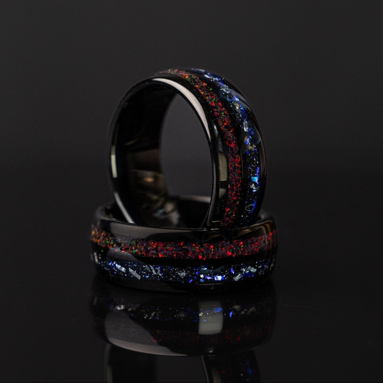 Nebula Meteorite & Crushed Black Fire Opal Ring, Red Opal Ring, Red Opal Band, Blue Galaxy Meteorite, Black Tungsten Band, 8mm Ring
