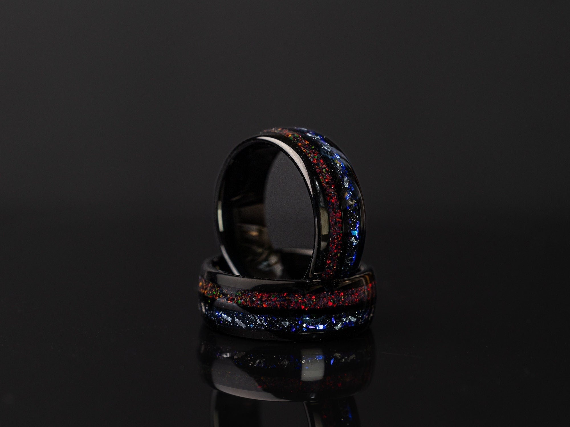 Nebula Meteorite & Crushed Black Fire Opal Ring, Red Opal Ring, Red Opal Band, Blue Galaxy Meteorite, Black Tungsten Band, 8mm Ring