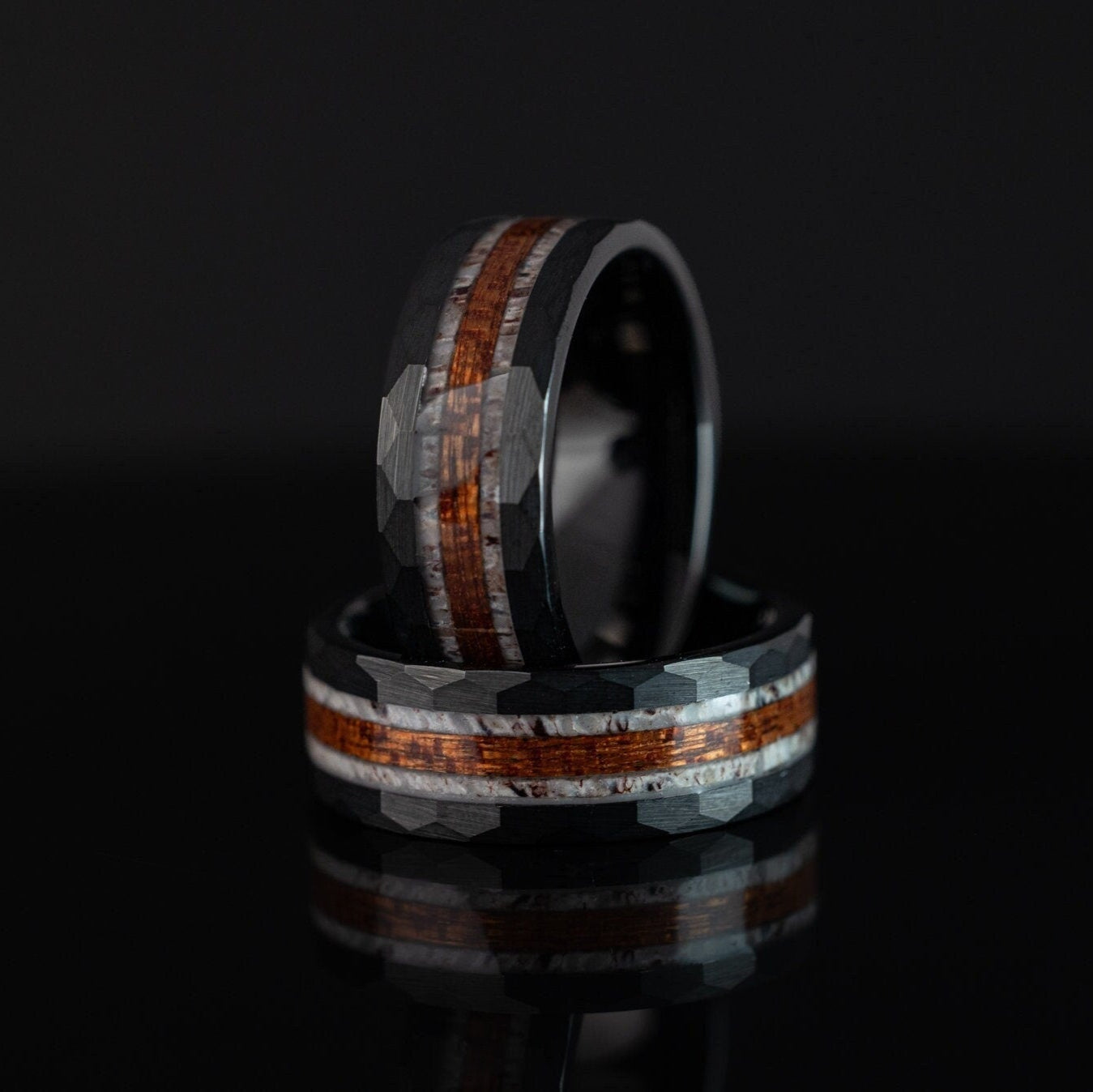 Deer Antler Ring, Koa Wood Ring, Antler & Wood Tungsten Ring, Deer Wedding Band, Koa Wood Ring for Men, Wood Antler Hammered Ring, 8mm Ring
