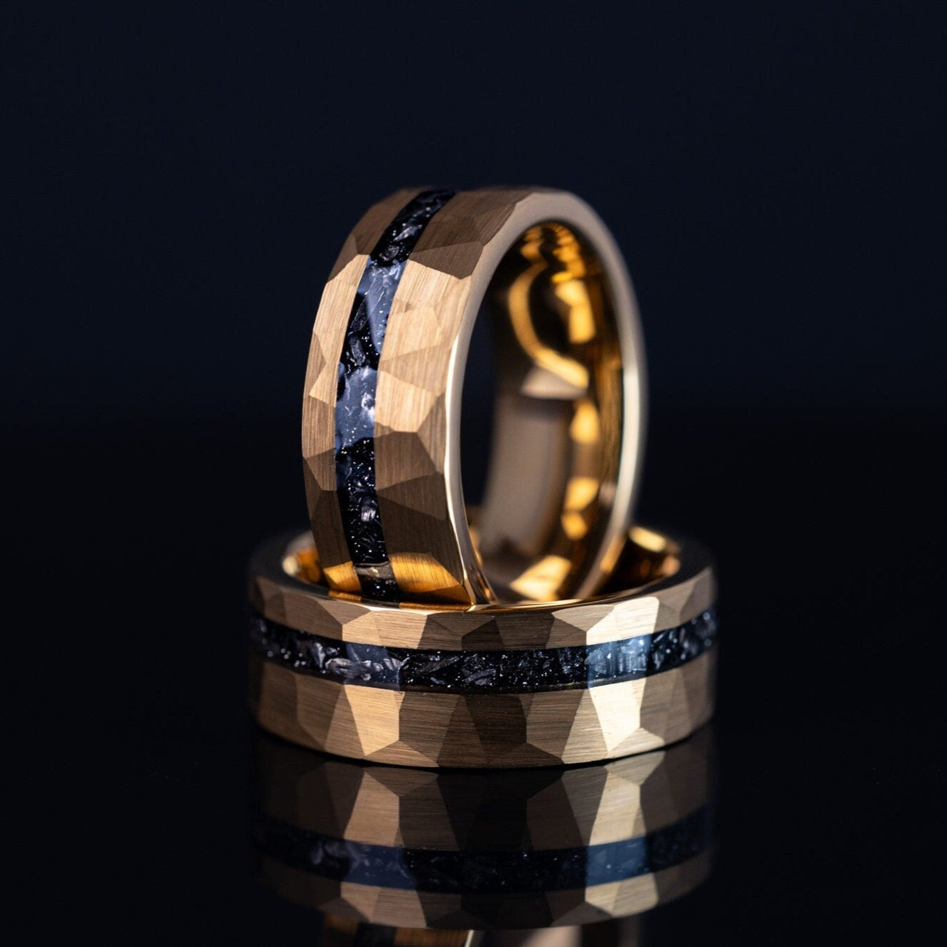 Gold Meteorite Ring, Hammered Gold Meteorite Wedding Band for Men, Gold Meteor Ring, Hammered Gold Meteorite Ring, 8mm