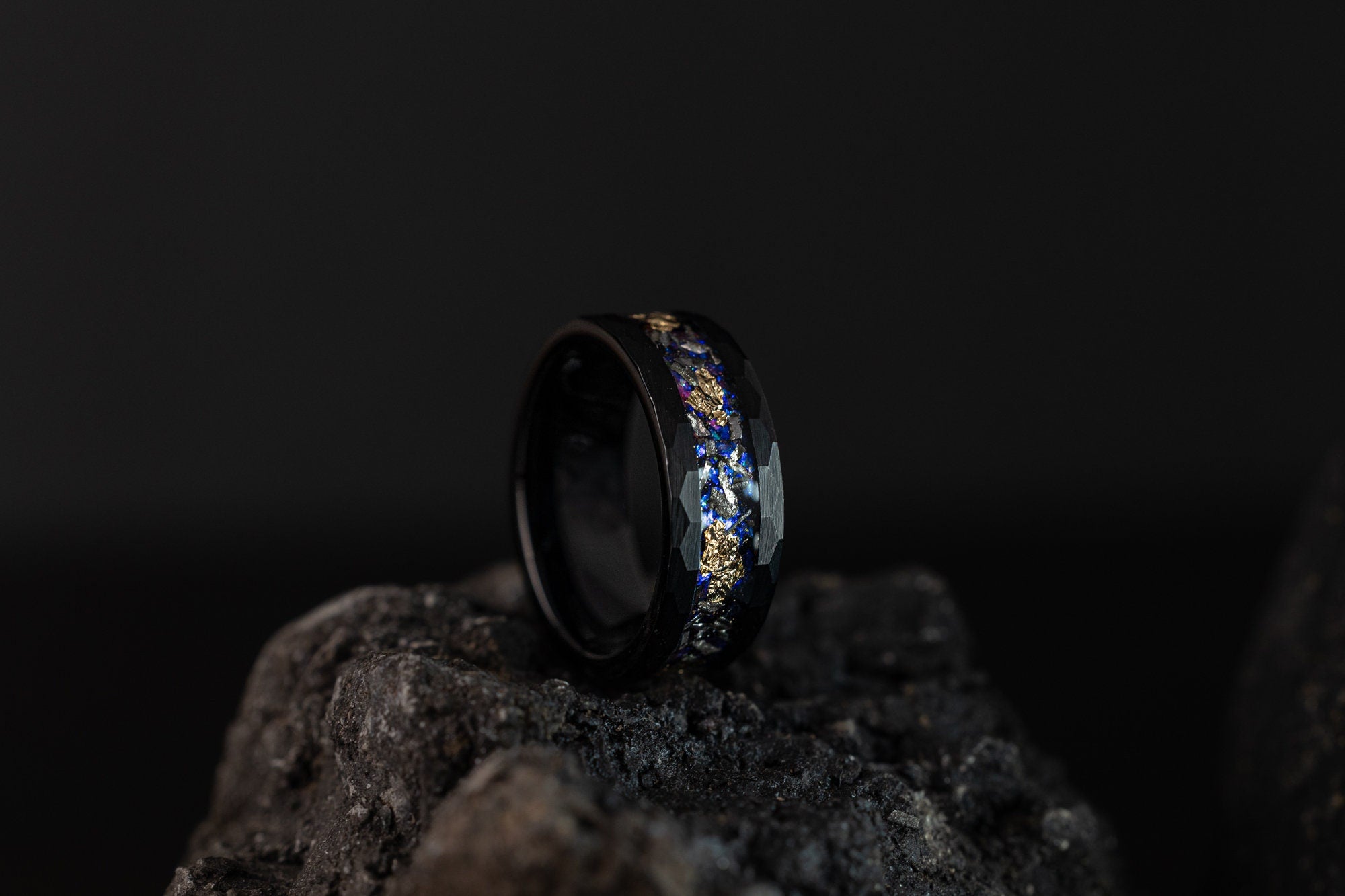 Space Galaxy & Gold Leaf Ring, Meteorite and Gold Leaf Ring, Meteorite Band, Meteorite and Gold Leaf Ring, Hammered Band, 8mm