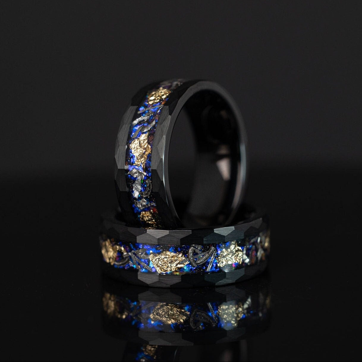 Space Galaxy & Gold Leaf Ring, Meteorite and Gold Leaf Ring, Meteorite Band, Meteorite and Gold Leaf Ring, Hammered Band, 8mm