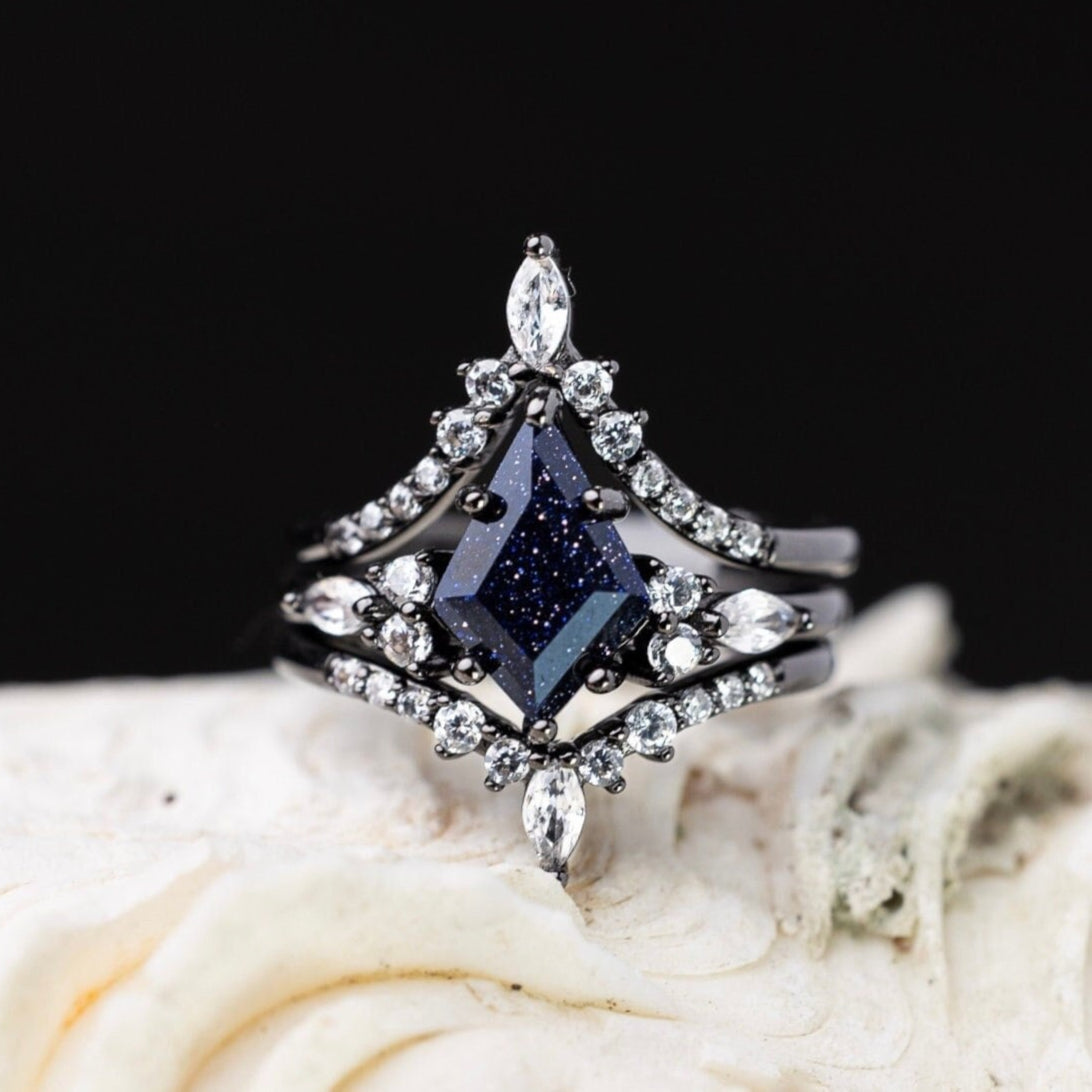 Blue Sandstone Galaxy Ring, Space Ring, Nebula Engagement Ring, Sandstone Blue Ring, Skye Kite Sterling Silver Wedding Ring, Ring for Her