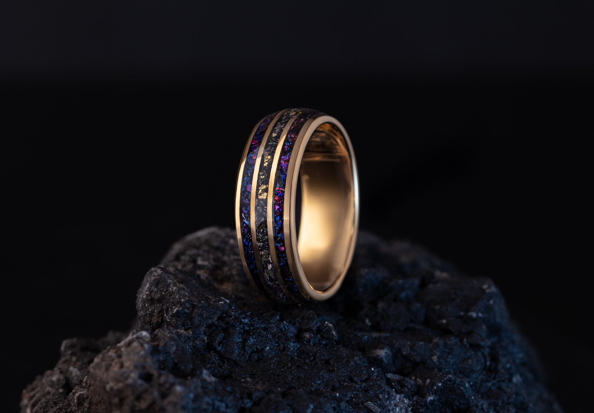 Space Galaxy & Meteorite and Crushed Gold Leaf Ring, Meteorite and Gold Leaf Ring, Galaxy and Meteorite Ring, Meteorite Wedding Band, 8mm