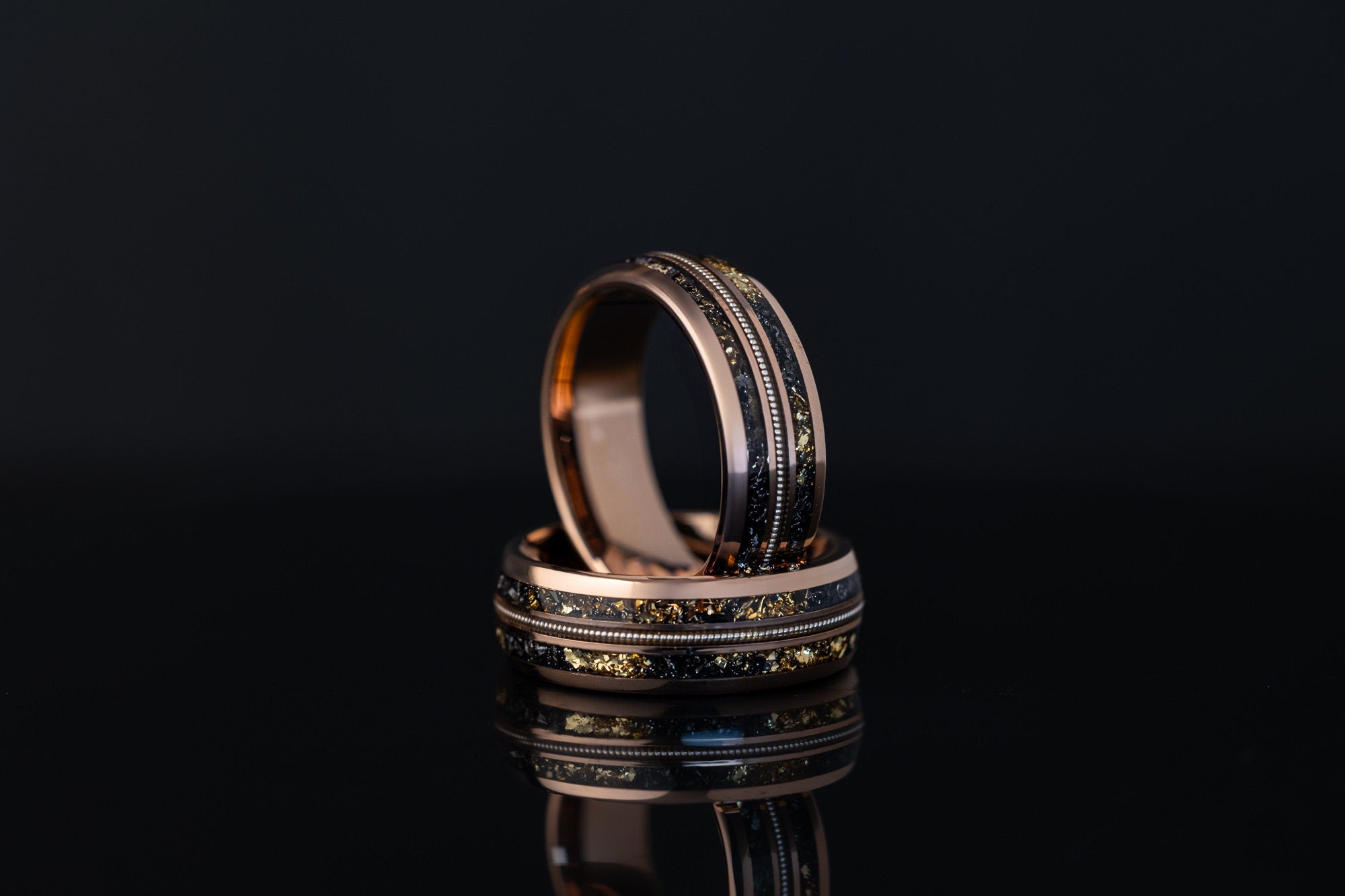 Meteorite with Gold Leaf & Guitar String, Rose Gold Band, Meteorite and Guitar String, Gold Leaf and Meteor, Wedding Ring, 8mm