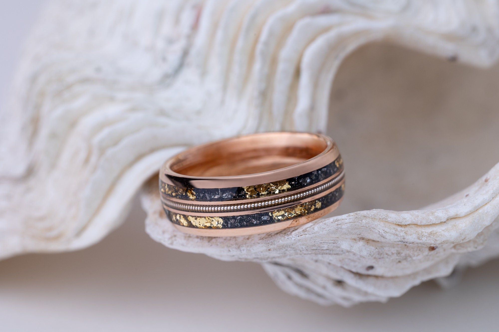 Meteorite with Gold Leaf & Guitar String, Rose Gold Band, Meteorite and Guitar String, Gold Leaf and Meteor, Wedding Ring, 8mm