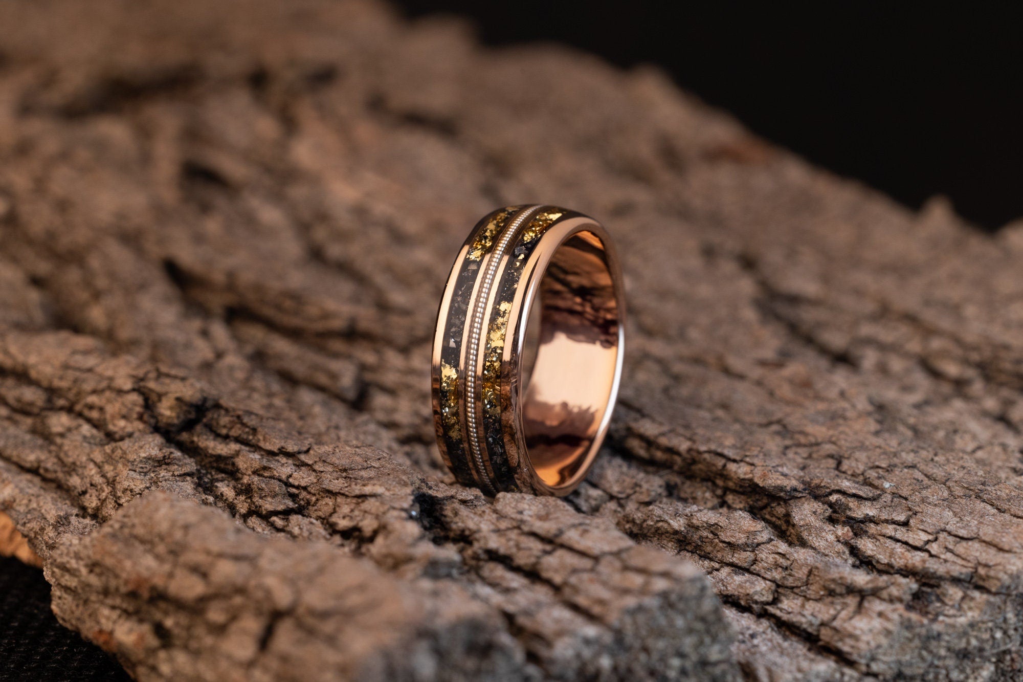 Meteorite with Gold Leaf & Guitar String, Rose Gold Band, Meteorite and Guitar String, Gold Leaf and Meteor, Wedding Ring, 8mm