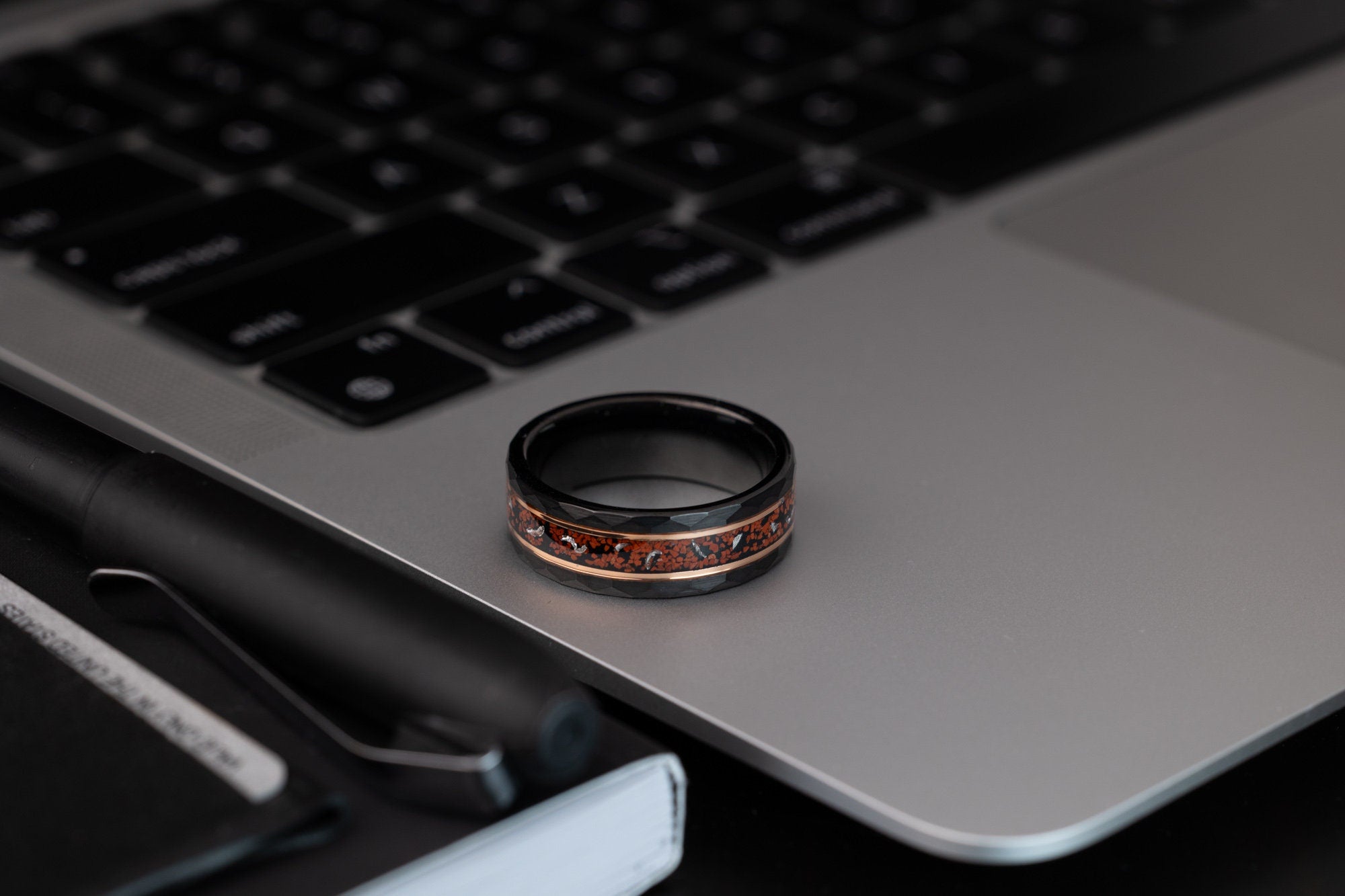 Dinosaur Stone & Meteorite Ring, Dinosaur Stone, Meteorite Ring, Black Tungsten Hammered Ring with Rose Gold inlay, 8mm