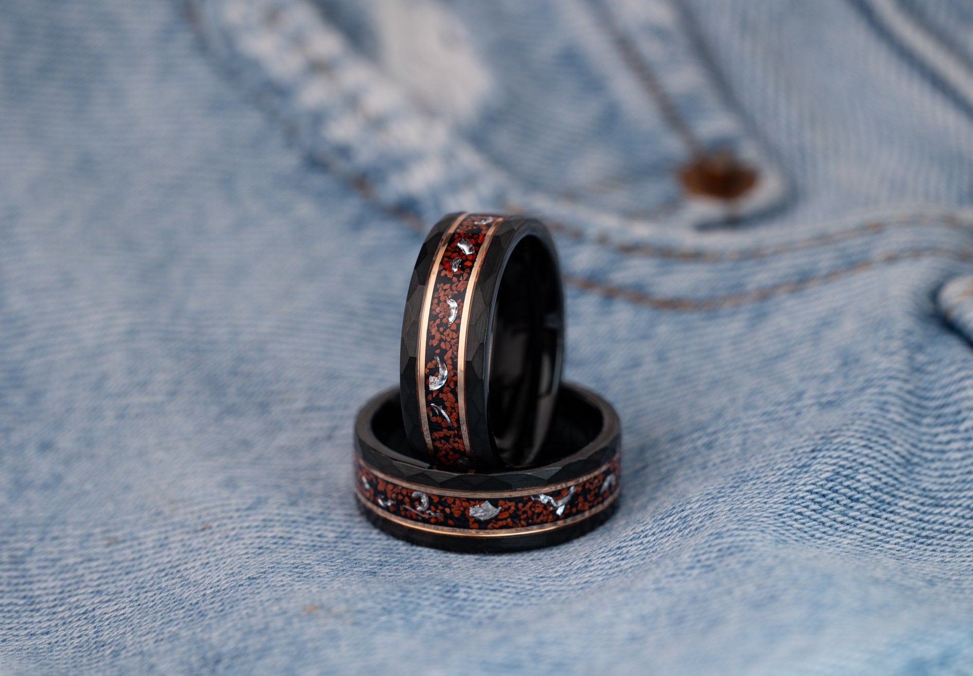 Dinosaur Stone & Meteorite Ring, Dinosaur Stone, Meteorite Ring, Black Tungsten Hammered Ring with Rose Gold inlay, 8mm