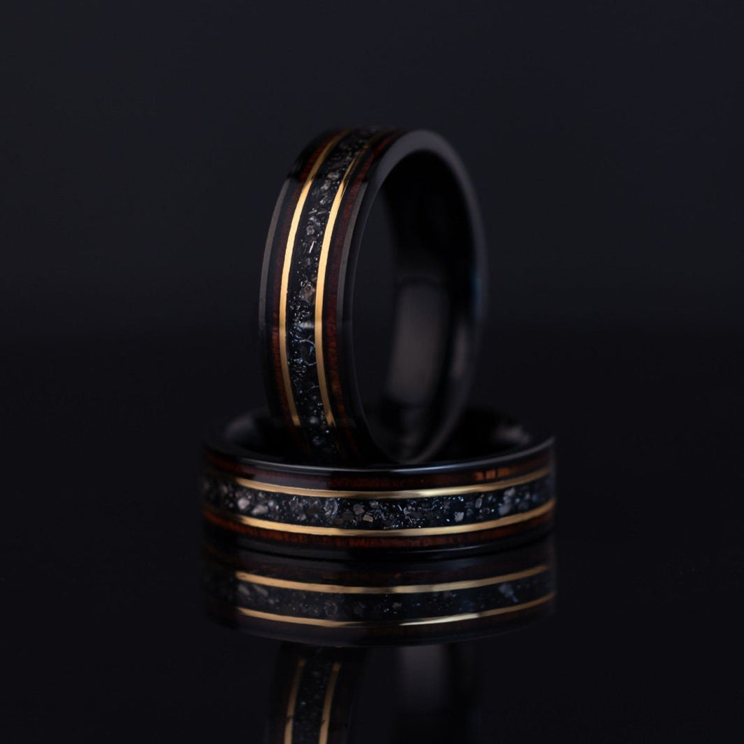 Burnt Whiskey Barrel Ring with Meteorite, Meteorite Wood Ring, Whisky Barrel Band, Wood Ring with Meteorite, Women's Wedding Band, 6mm Ring