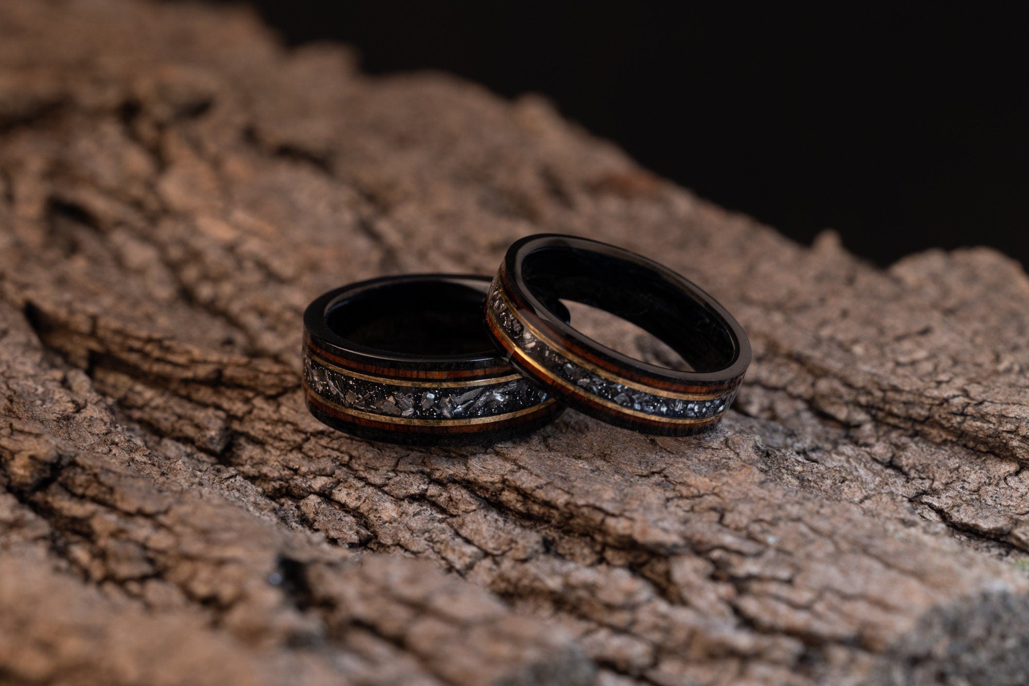 Burnt Whiskey Barrel Ring with Meteorite, His and Hers Meteorite Band, Couples Set Wedding Ring, Couples Wood Ring, Couples Set Band