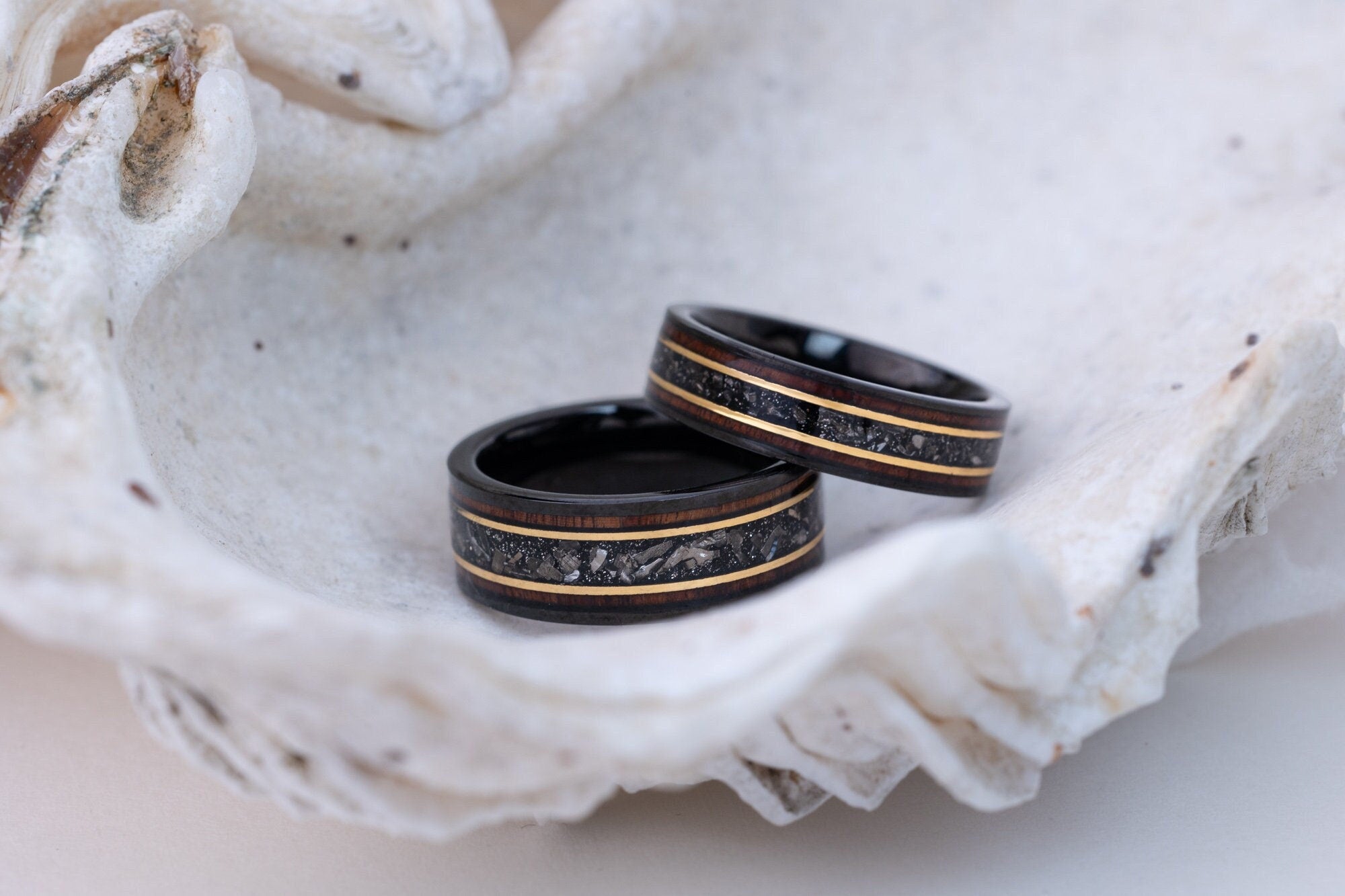 Burnt Whiskey Barrel Ring with Meteorite, His and Hers Meteorite Band, Couples Set Wedding Ring, Couples Wood Ring, Couples Set Band