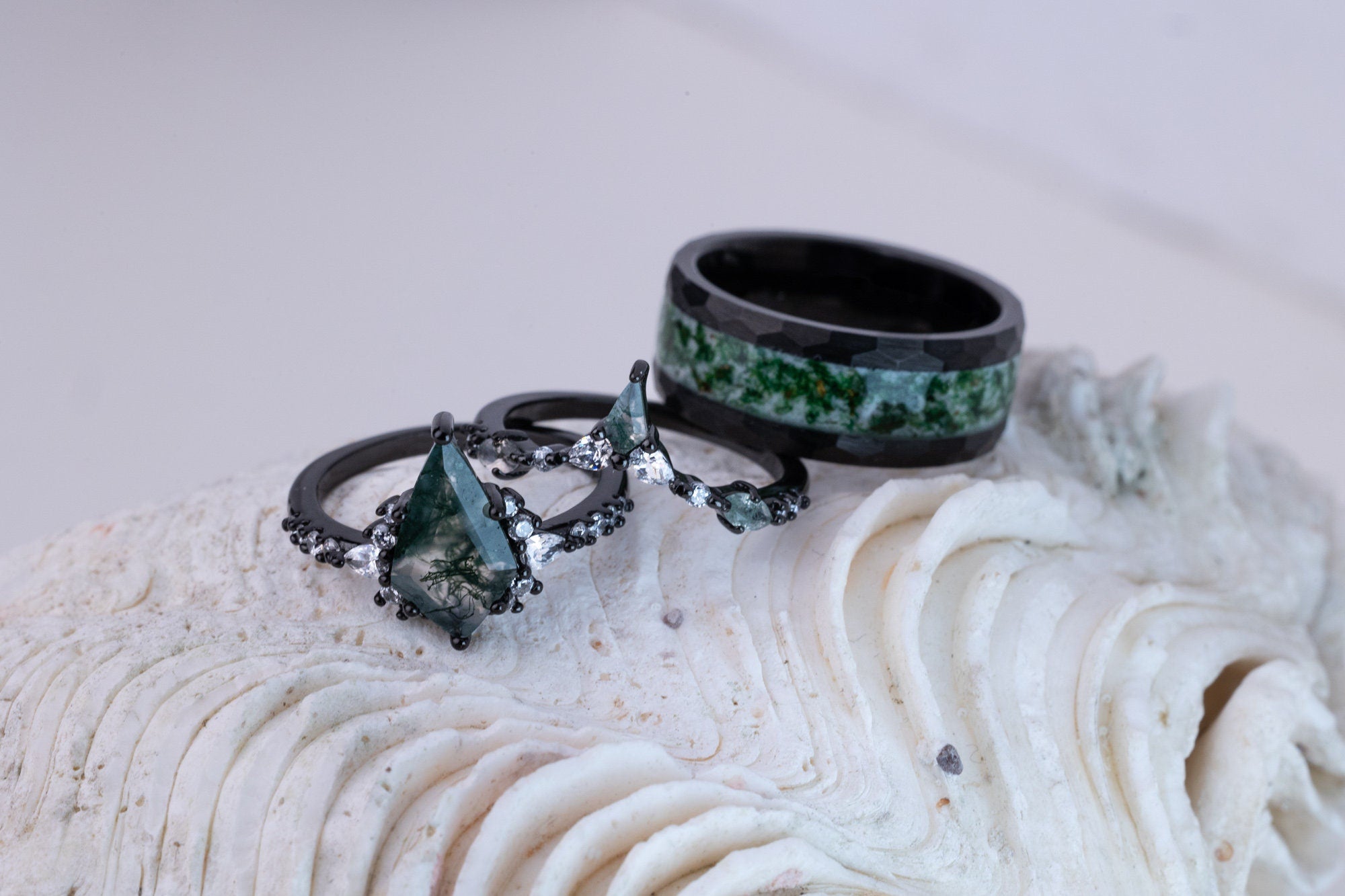 Moss Agate Ring Set, Moss Agate Couples Ring Set, His and Hers Moss Agate Rings, Couples Set Wedding Bands, Matching Rings Set