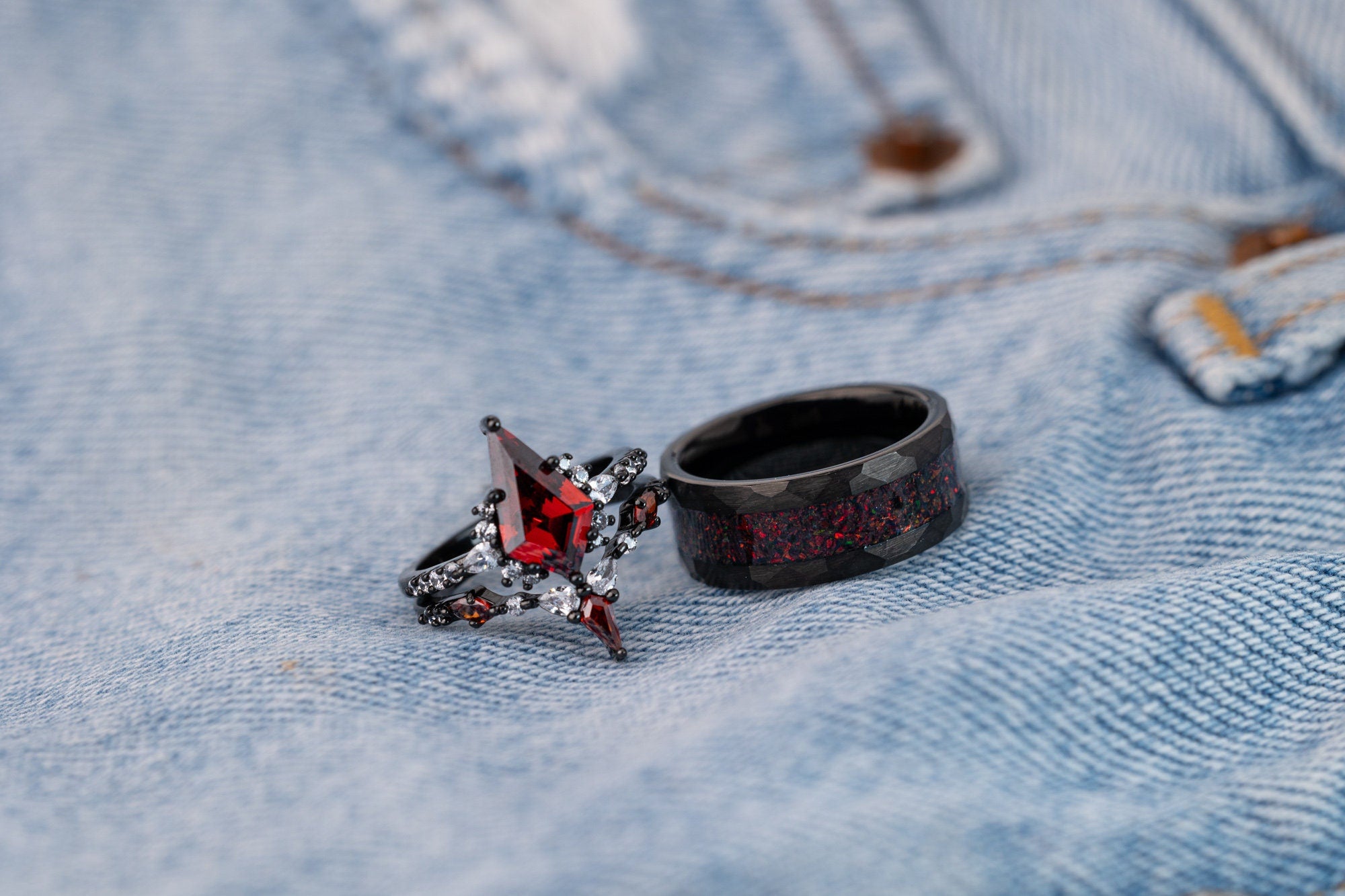 Garnet Ring & Crushed Black Fire Opal Ring Set, Garnet Ring for Her, Fire Opal Ring for Him, His and Hers Rings, Matching Rings Set