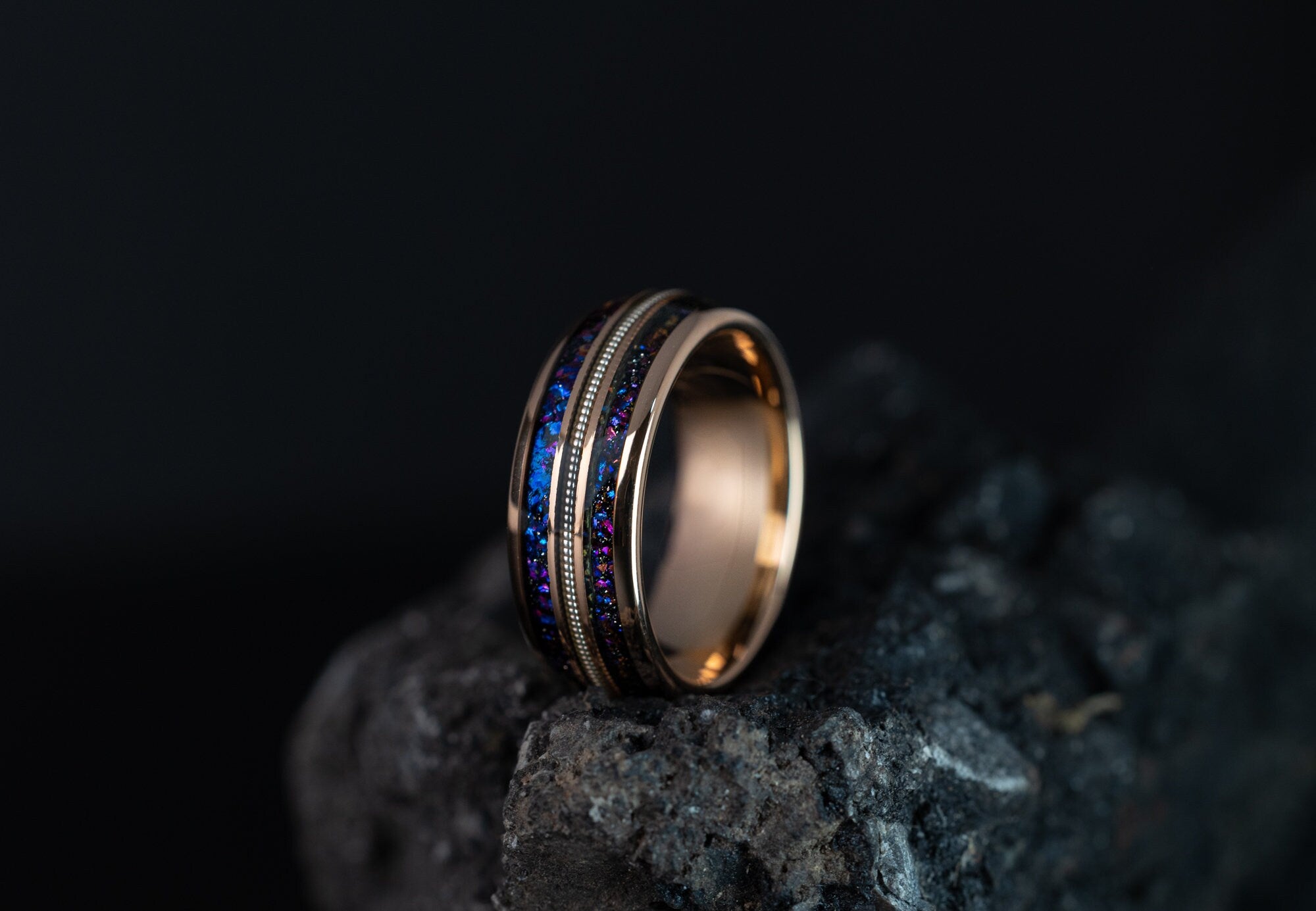 Guitar String & Space Galaxy Ring, Guitar String Ring, Nebula Band, Space and Galaxy Ring, Rose Gold Band, Ring For Him, 8mm Ring