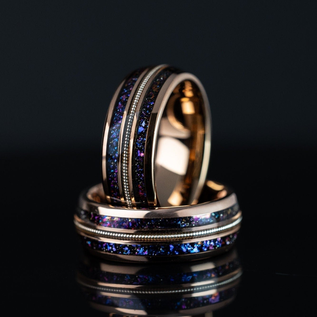Guitar String & Space Galaxy Ring, Guitar String Ring, Nebula Band, Space and Galaxy Ring, Rose Gold Band, Ring For Him, 8mm Ring
